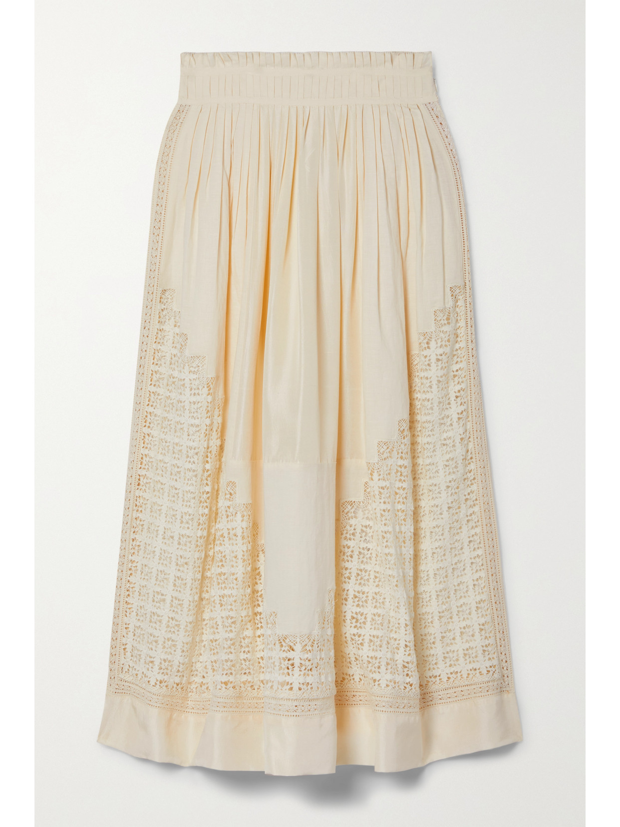 ULLA JOHNSON CADENA CROCHET, SILK-SATIN AND COTTON-VOILE MIDI SKIRT