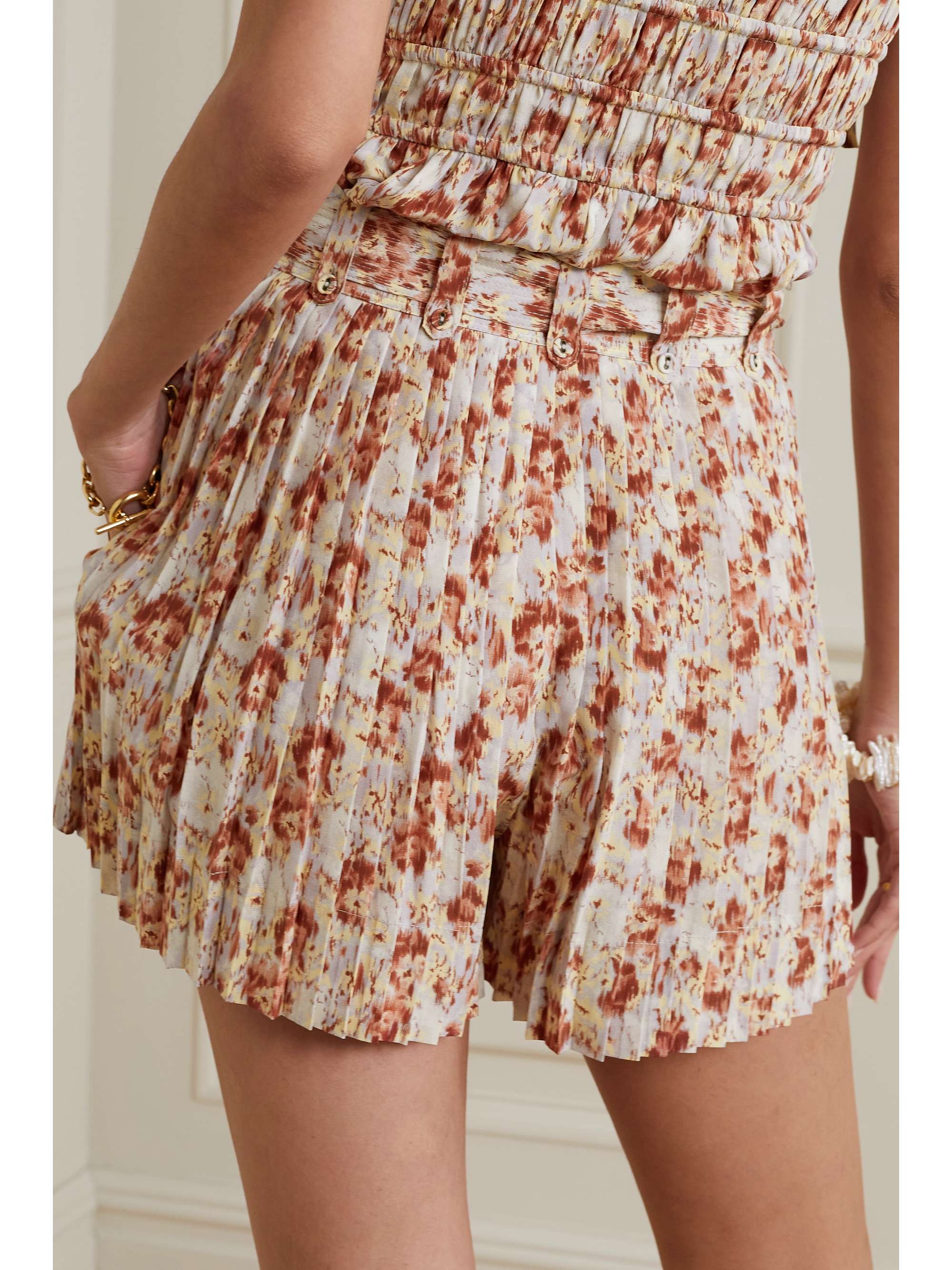 ULLA JOHNSON Margot belted pleated floral-print silk crepe de chine shorts