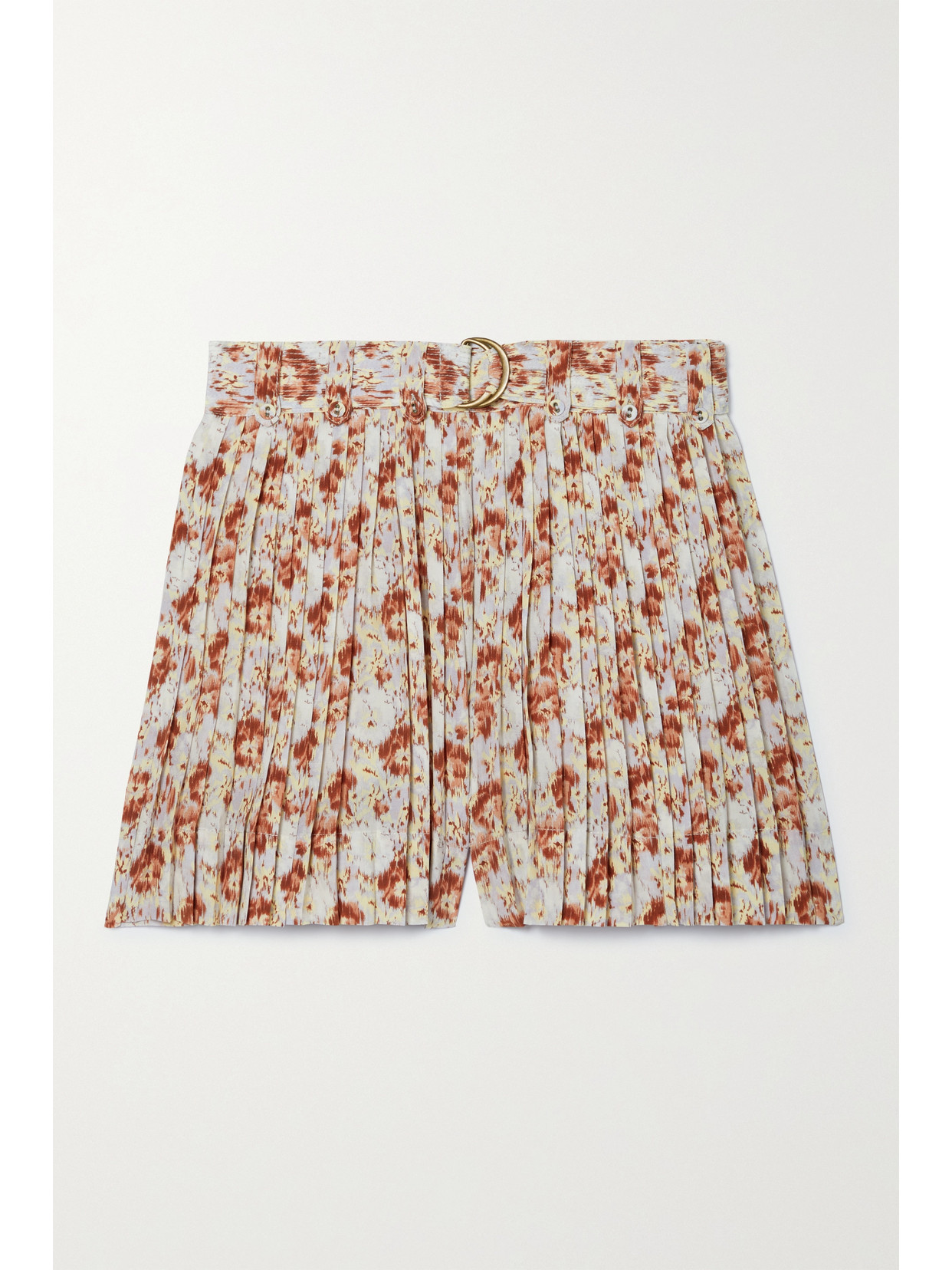 Ulla Johnson Margot Belted Pleated Floral-print Silk Crepe De Chine Shorts In Orange