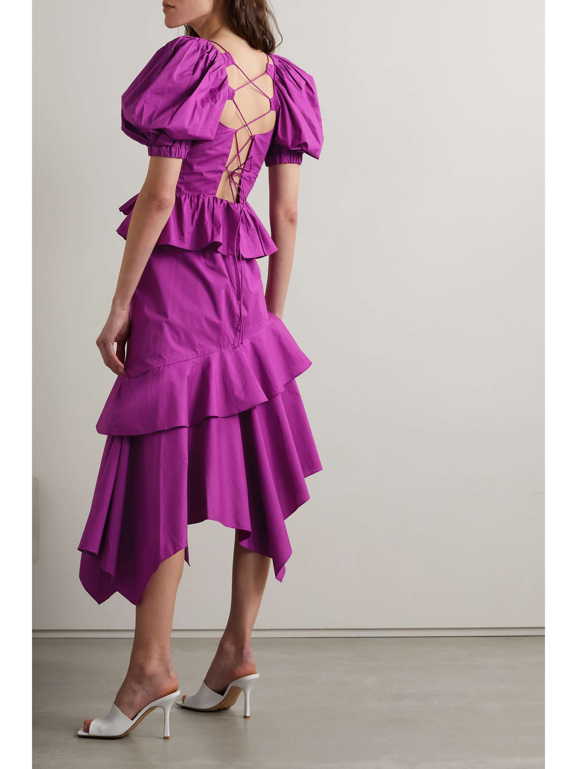 ULLA JOHNSON Marie open-back asymmetric ruffled tiered cotton-poplin midi dress