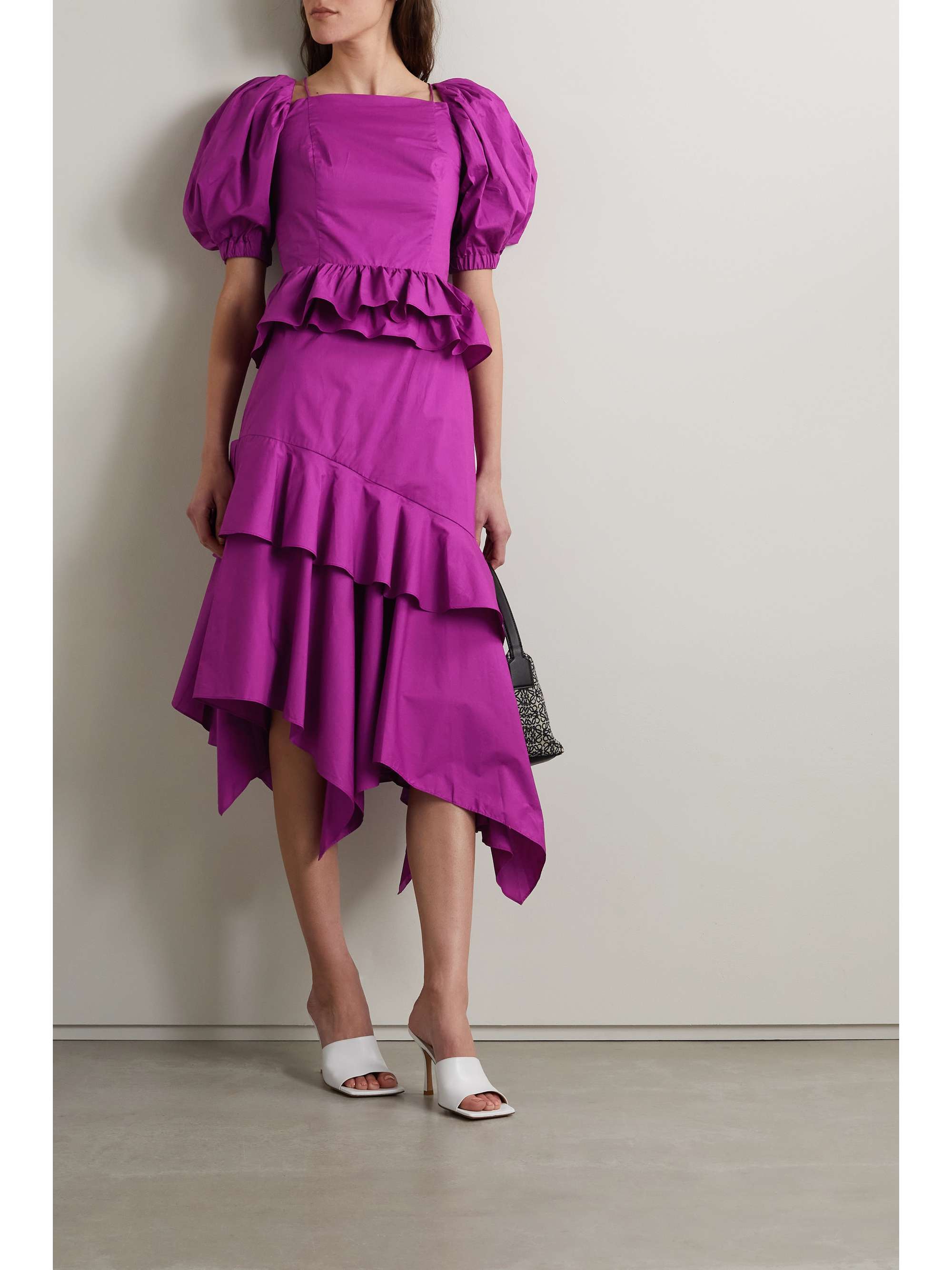 ULLA JOHNSON Marie open-back asymmetric ruffled tiered cotton-poplin midi dress
