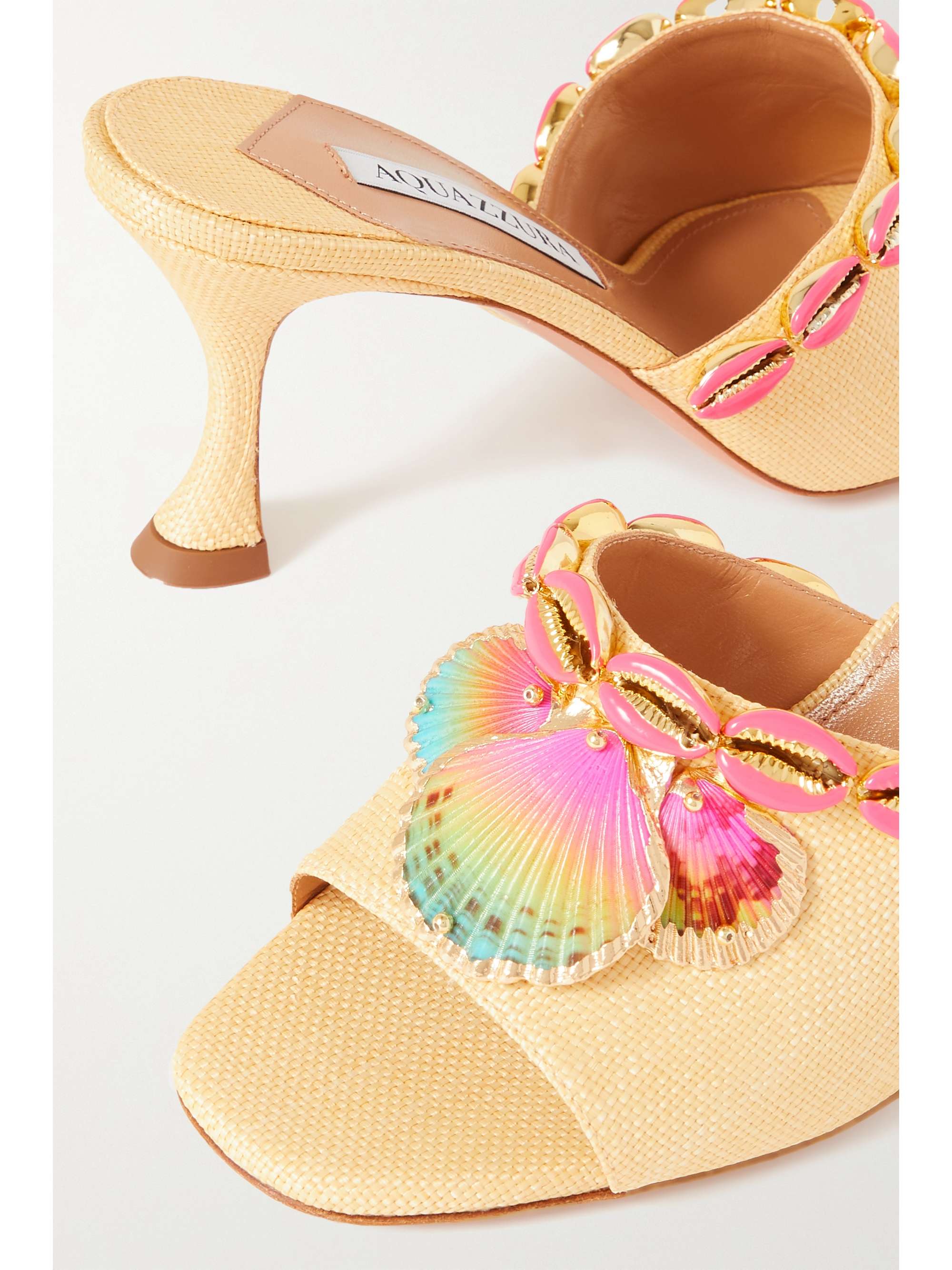 AQUAZZURA Off to Ibiza 75 shell-embellished woven raffia mules