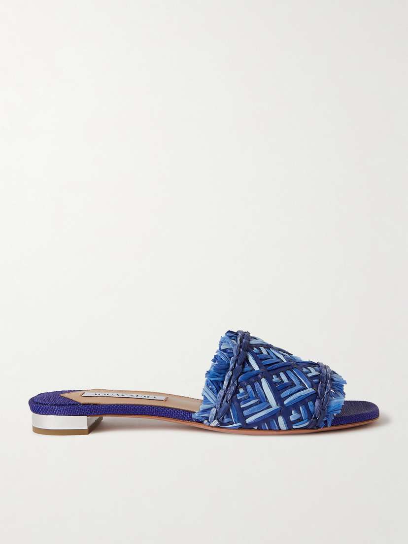 Aquazzura Antibes Woven Raffia And Leather Slides