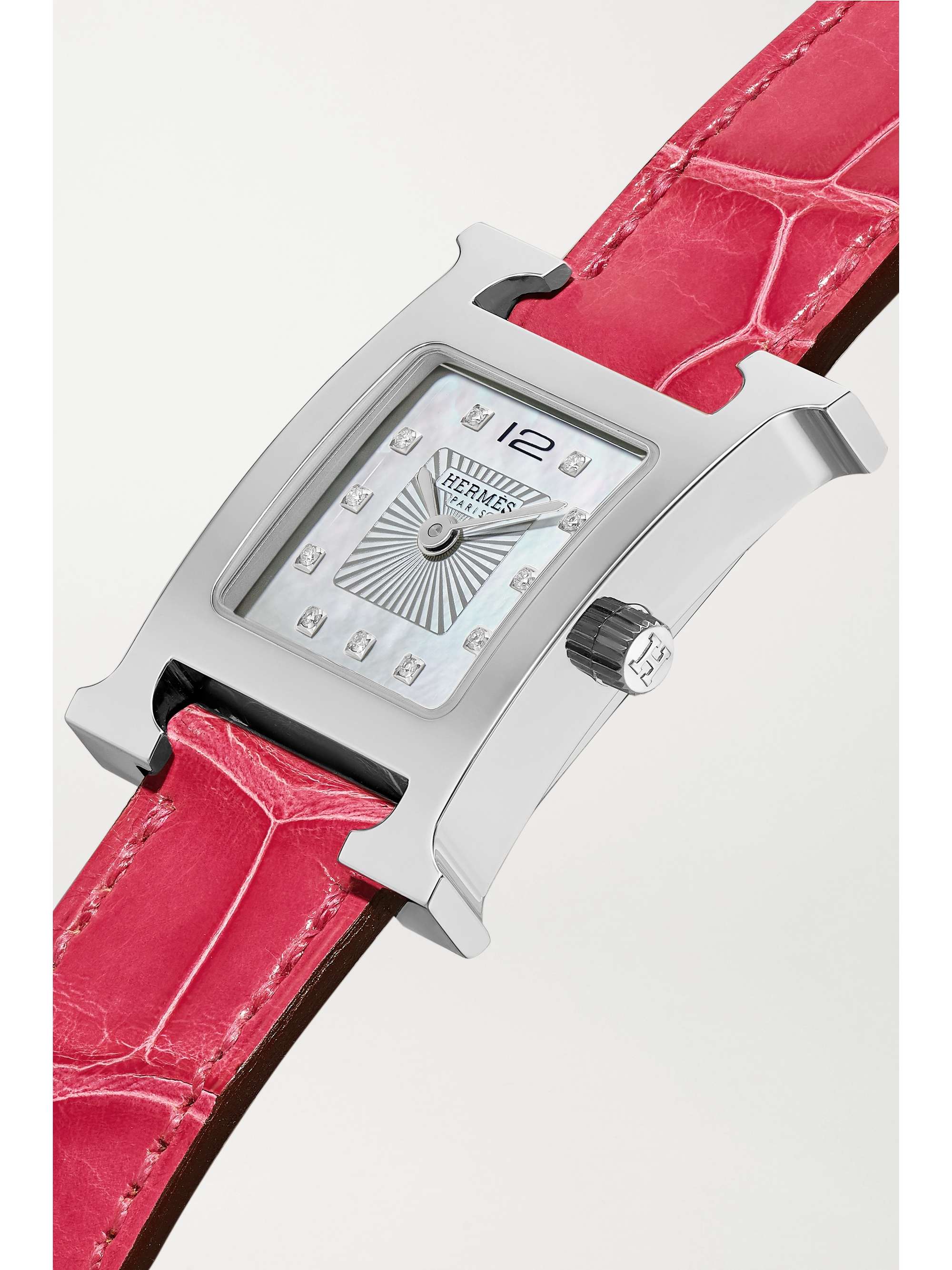 HERMÈS TIMEPIECES Heure H 25mm small stainless steel, alligator, diamond and mother-of-pearl watch