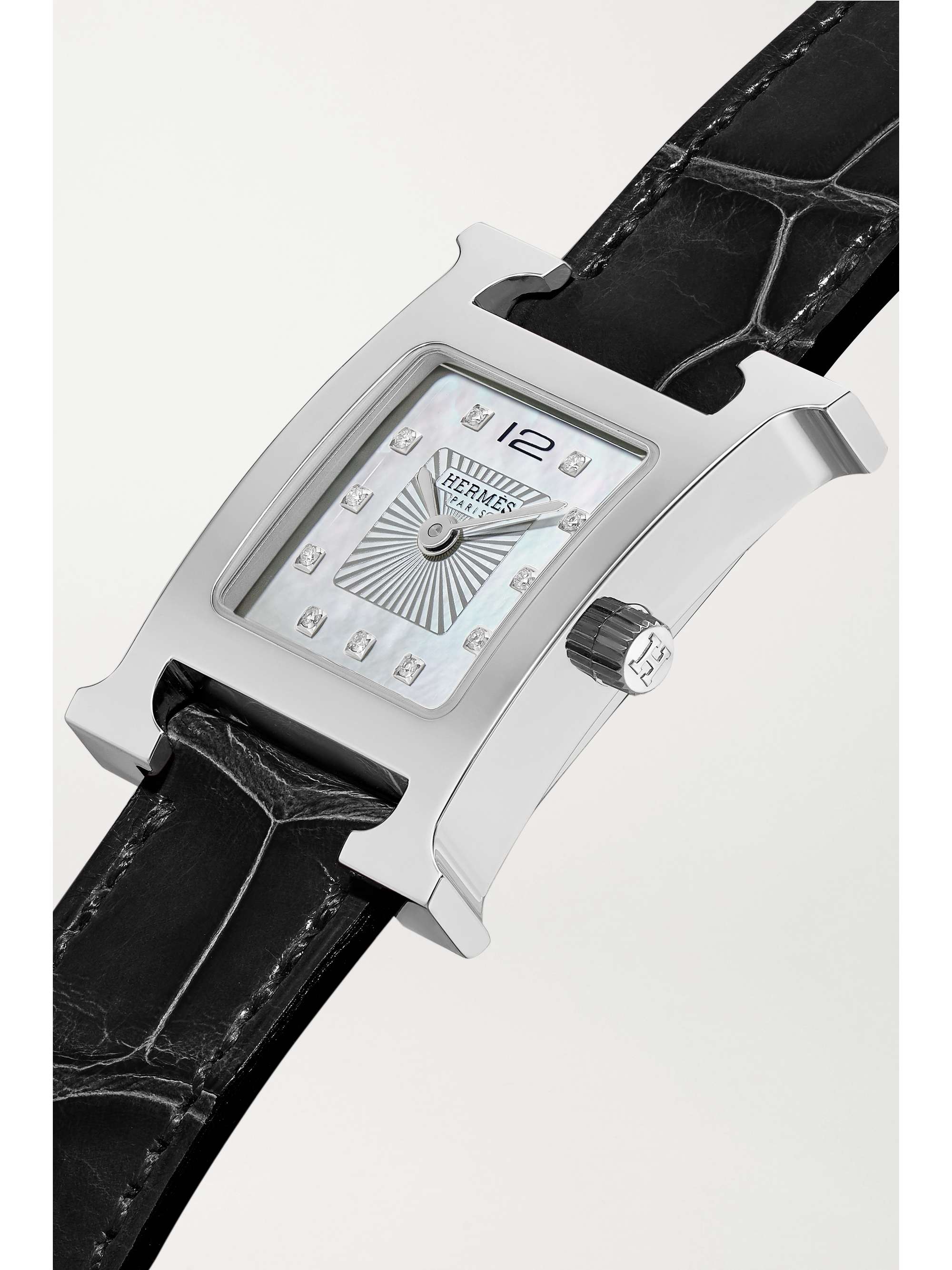 HERMÈS TIMEPIECES Heure H 25mm small stainless steel, alligator, diamond and mother-of-pearl watch