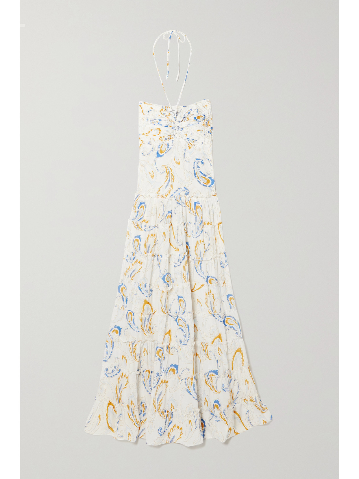 EVARAE Phoebe Smocked Tiered Ruffled Printed Silk Halterneck Maxi Dress