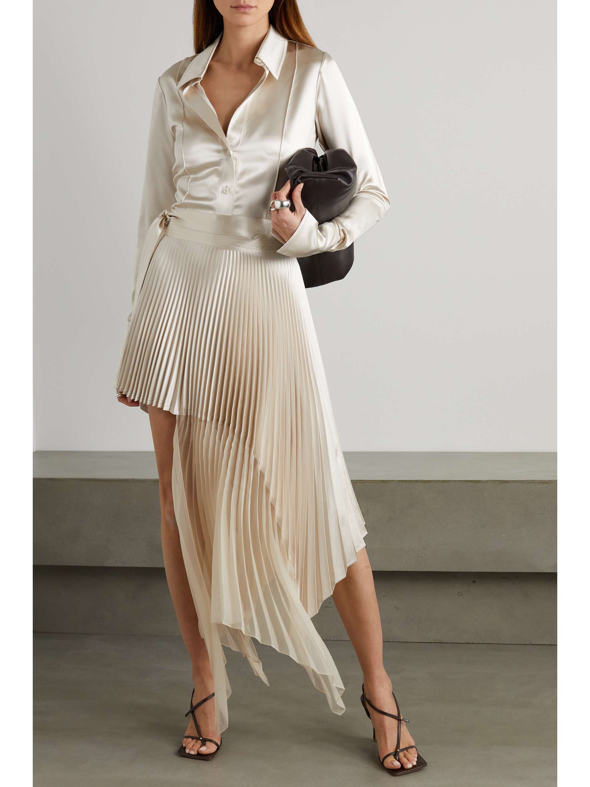 PETER DO Asymmetric pleated silk-satin and chiffon midi wrap skirt