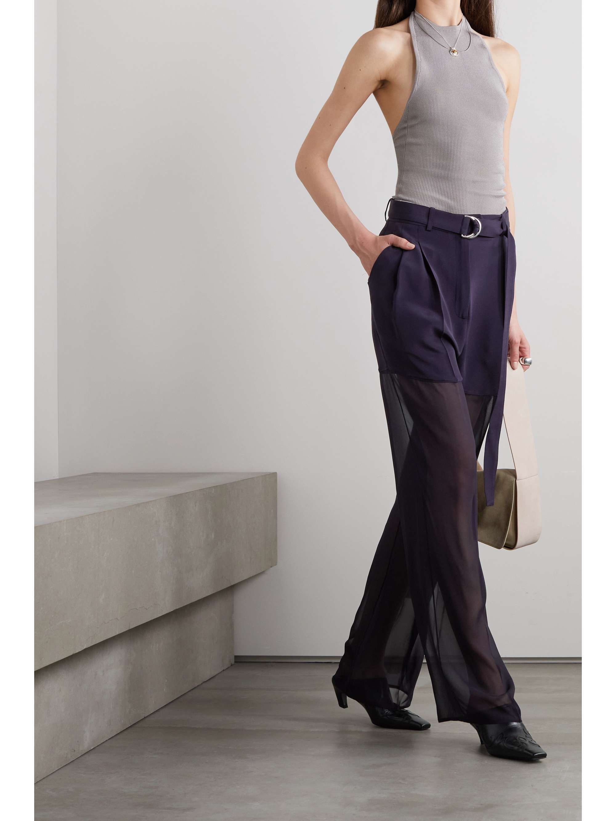 Belted paneled silk-blend satin and silk-chiffon wide-leg pants