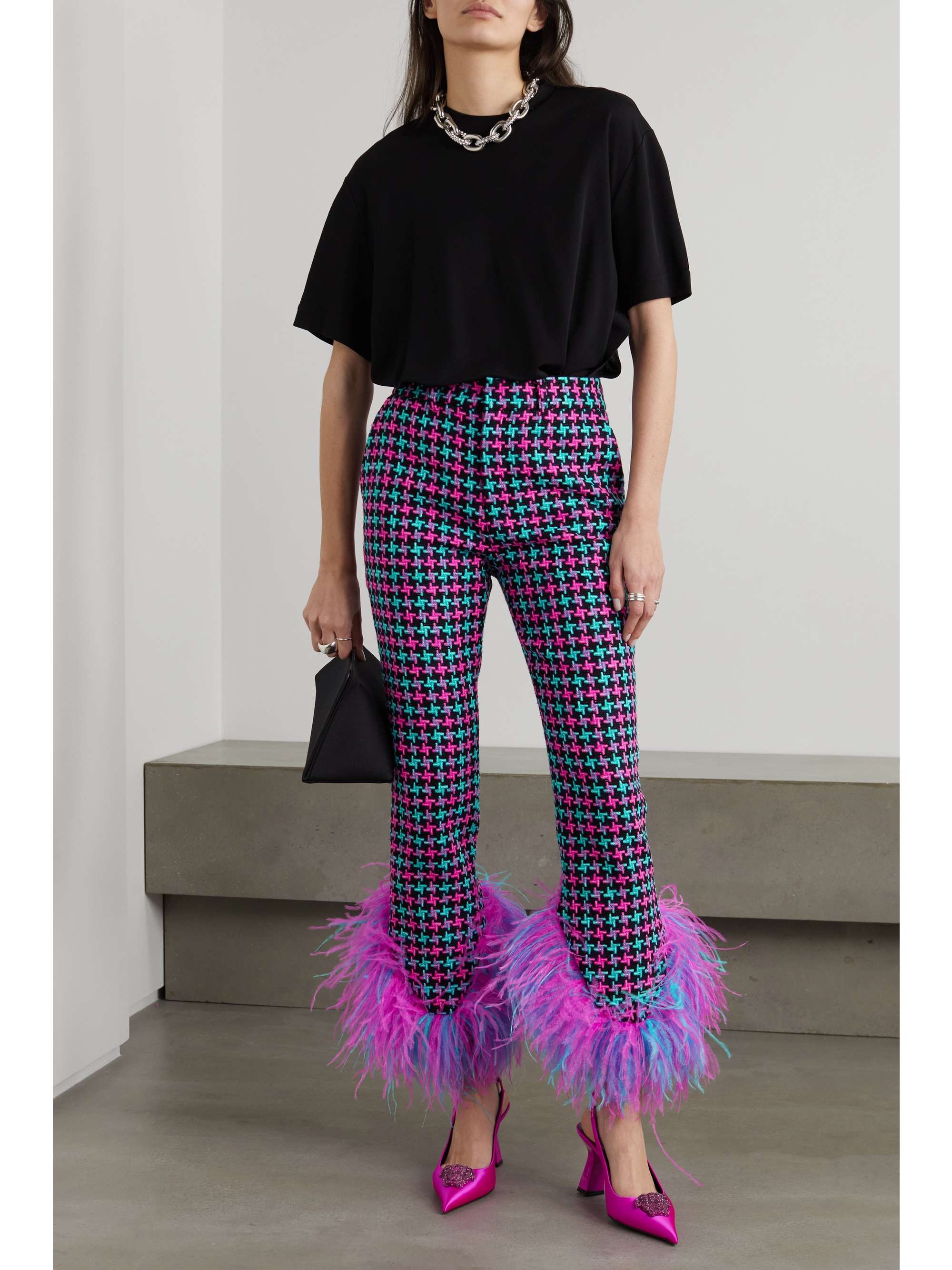 Fuchsia Feather-trimmed tweed skinny 