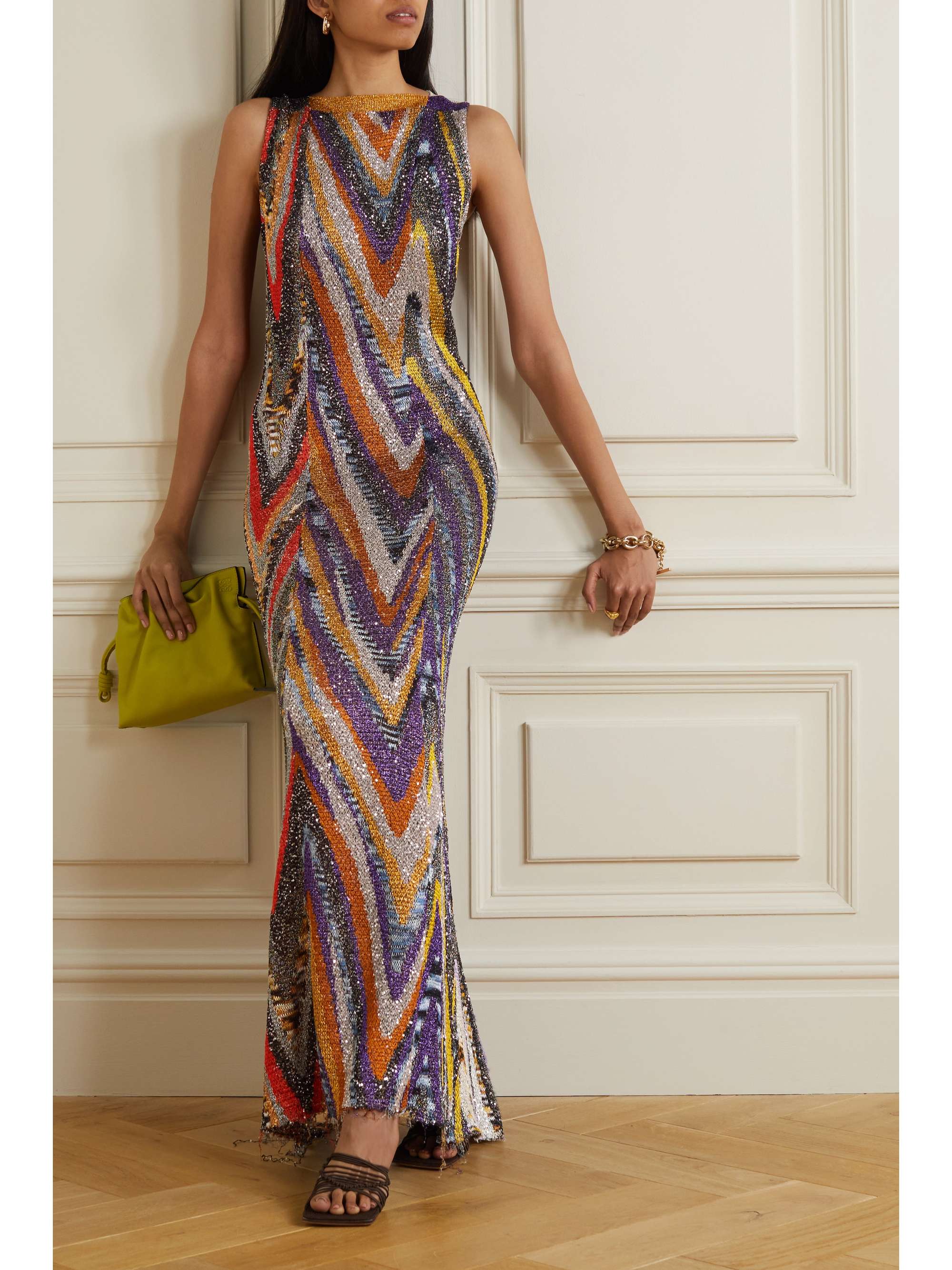 Orange Sequinembellished metallic crochetknit maxi dress MISSONI
