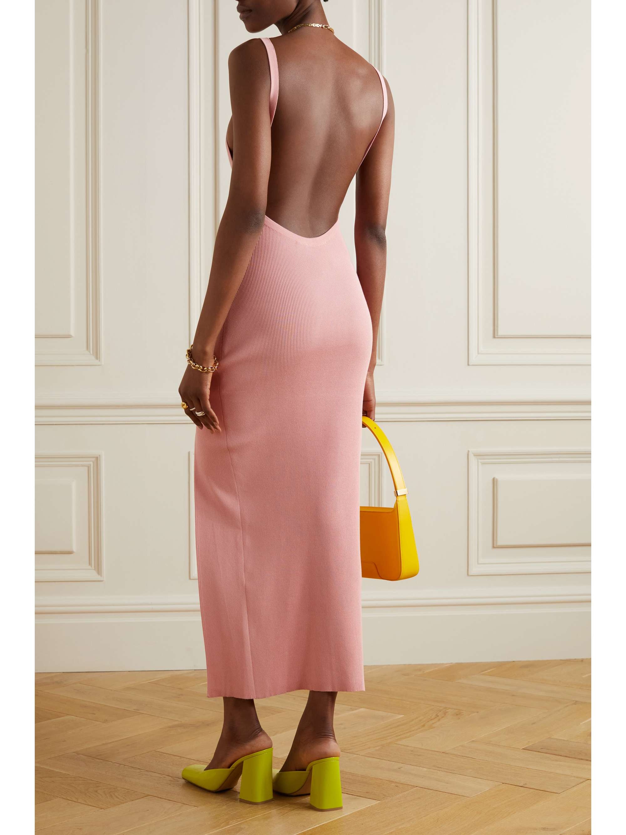 Pink Open-back ribbed stretch-knit midi 
