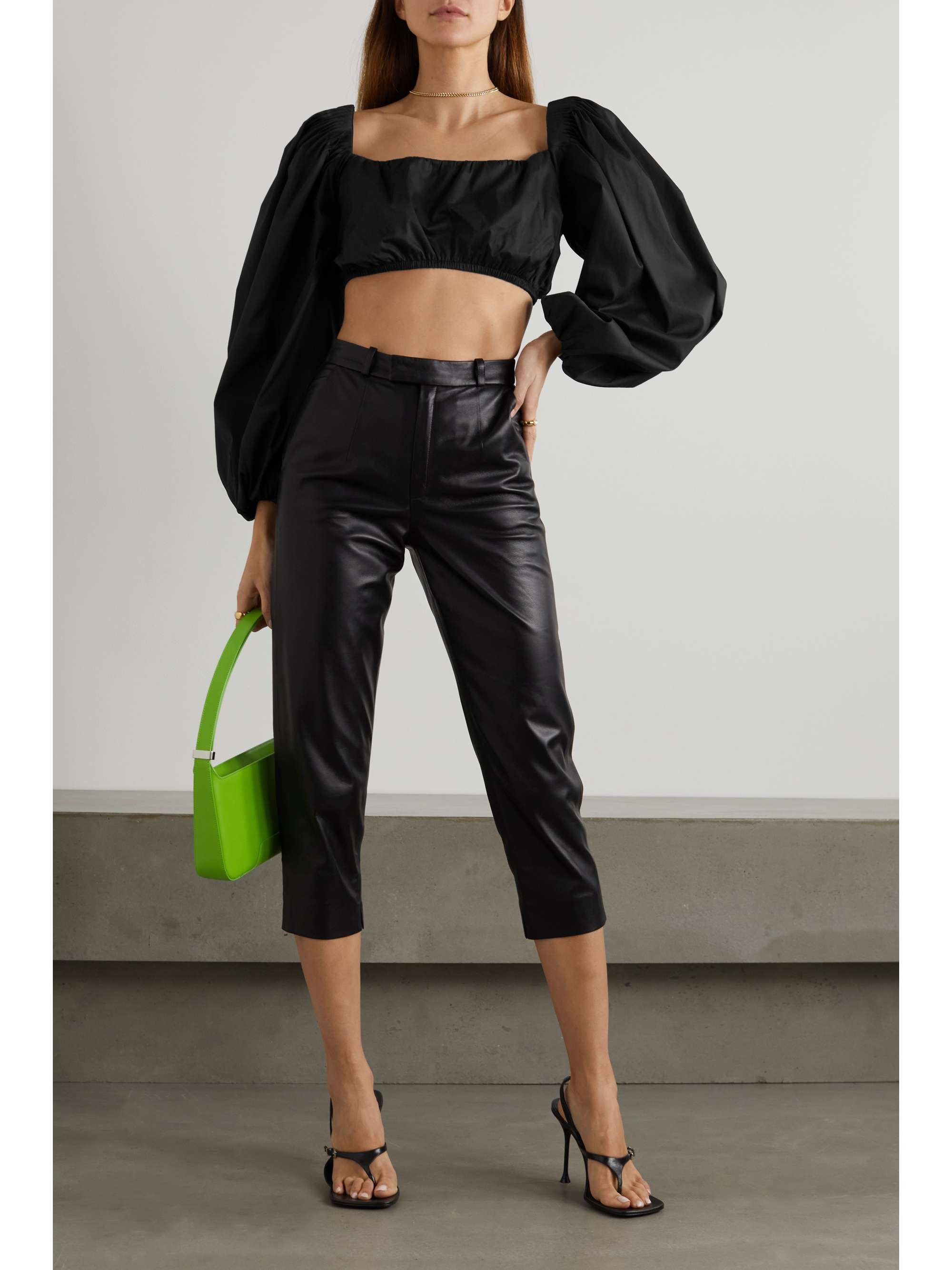 Cropped gathered cotton-blend poplin 