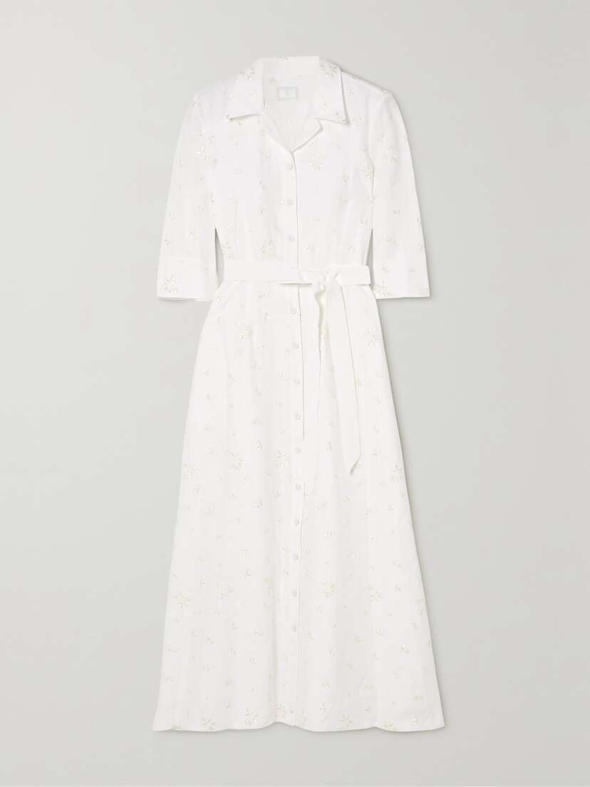 Erdem Kasia Belted Embroidered Linen Midi Shirt Dress - UK 22