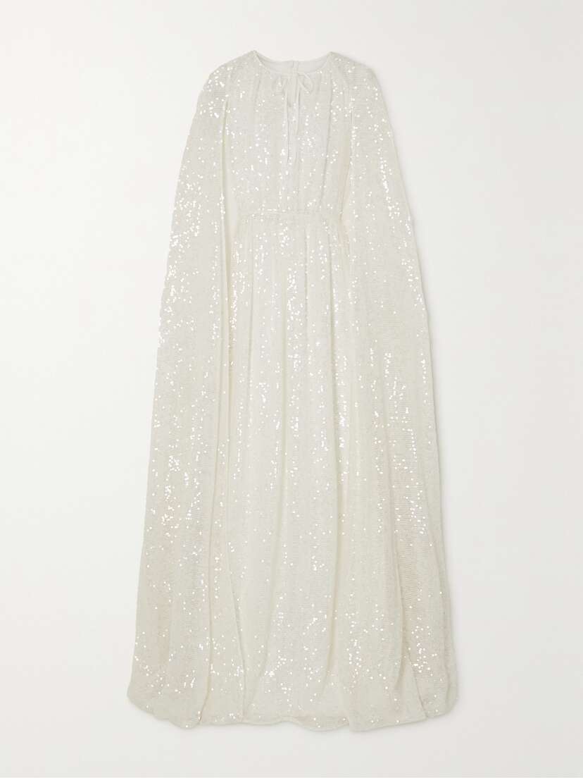 Erdem Kenley Cape-effect Gathered Sequined Chiffon Gown - UK 22