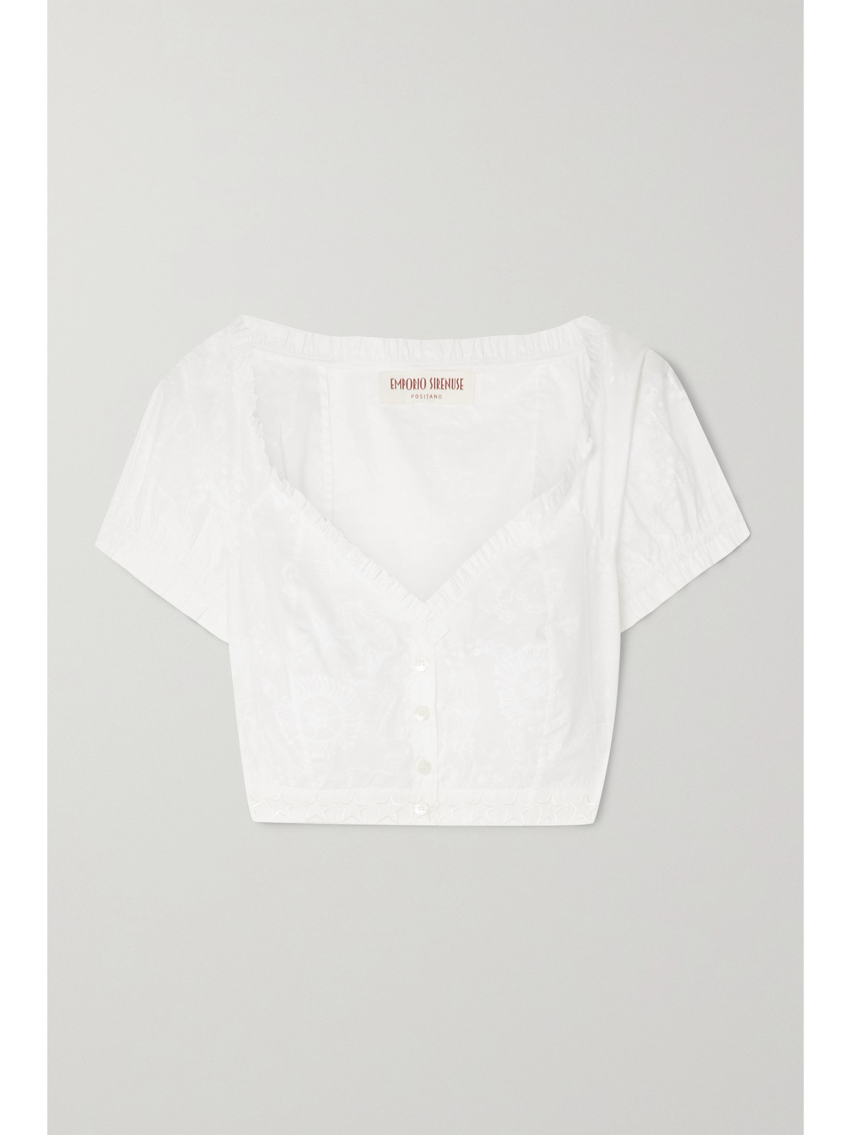 Emporio Sirenuse Violante Cropped Ruffled Printed Cotton-poplin Top - White