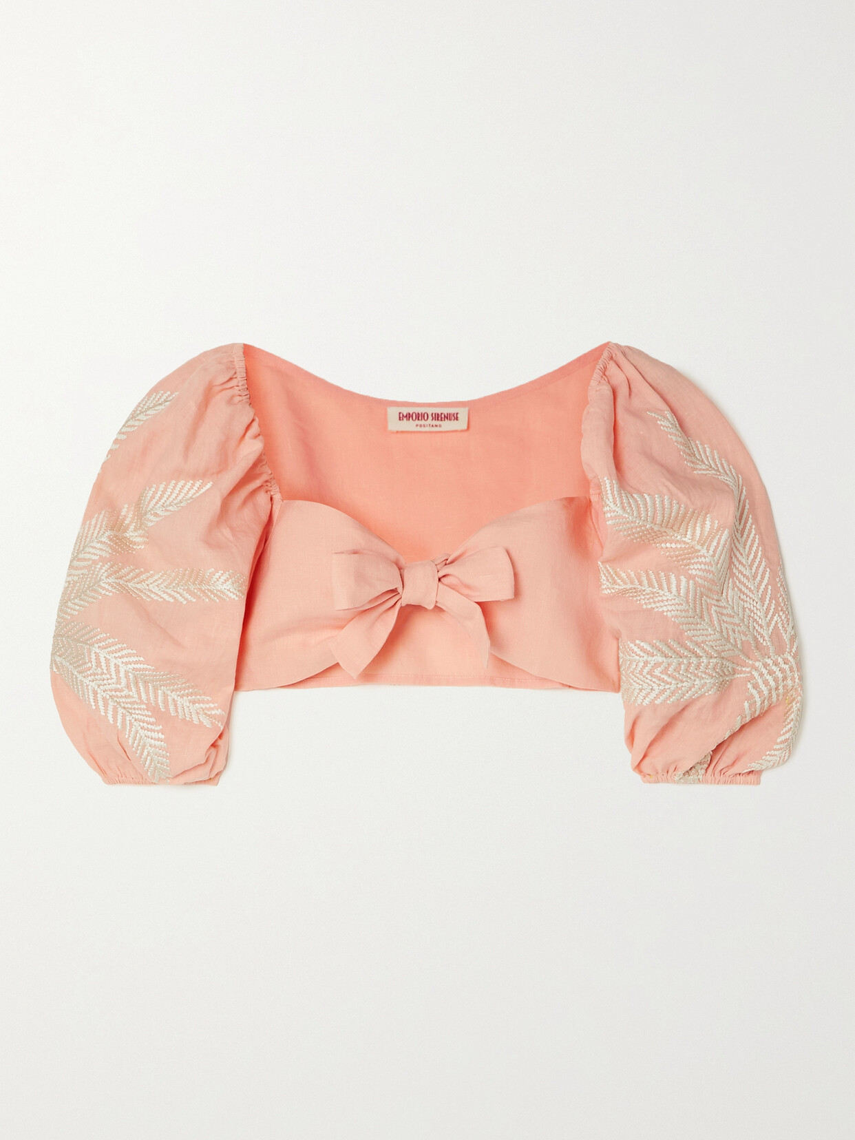 Emporio Sirenuse Thaia Cropped Bow-detailed Embroidered Linen Top In Neutrals