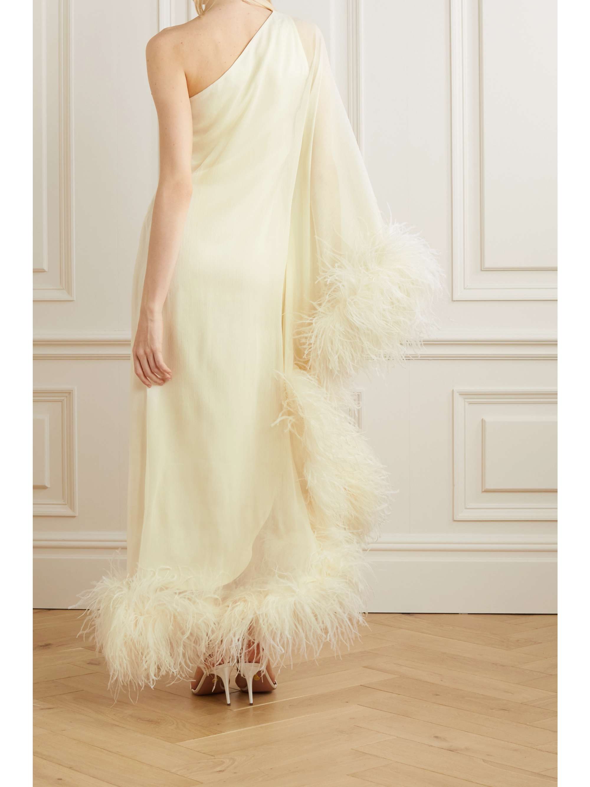 TALLER MARMO Ubud asymmetrisches Maxikleid aus Crêpe mit Federn