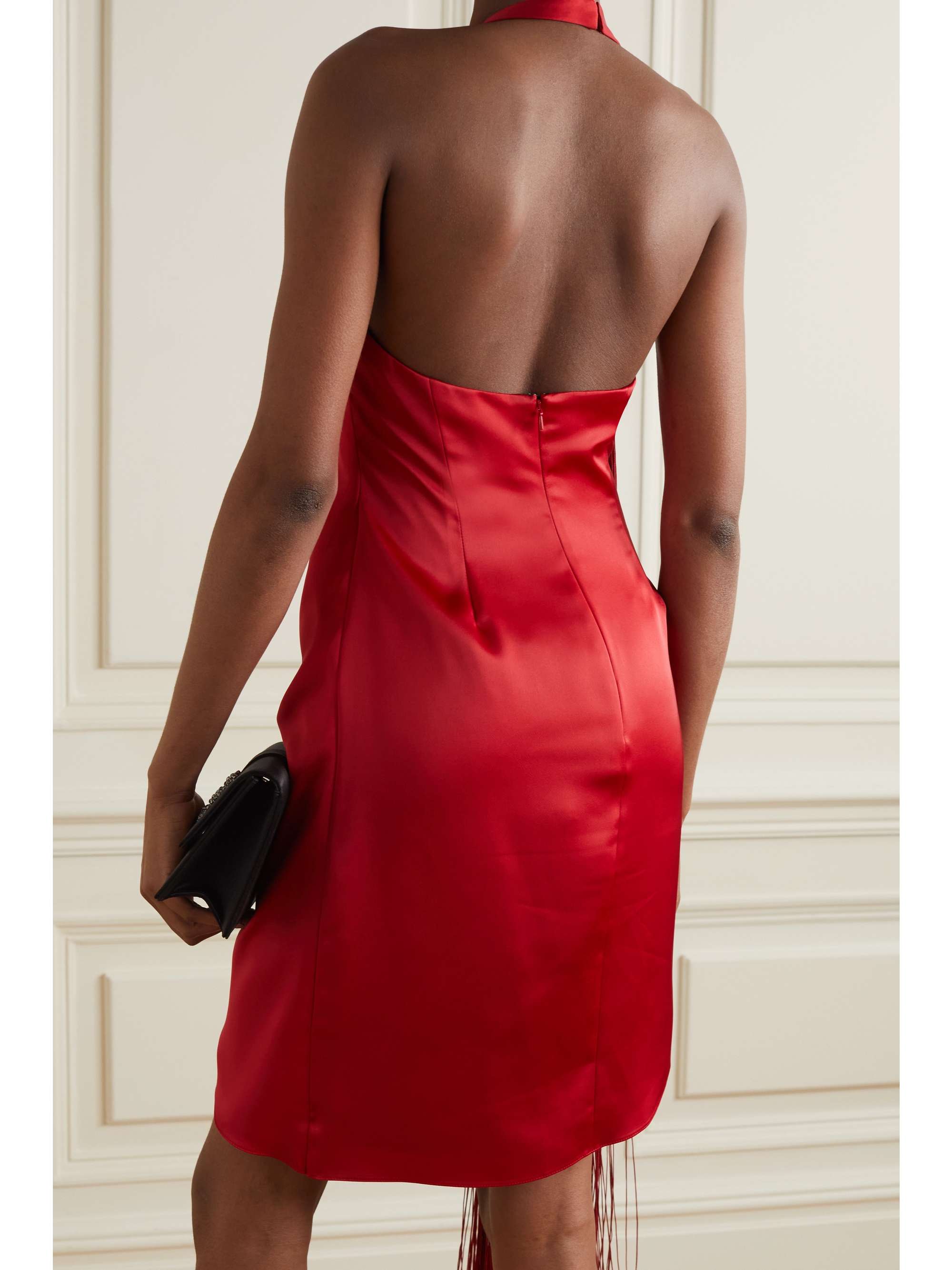HALPERN Asymmetric draped fringed duchesse-satin halterneck mini dress