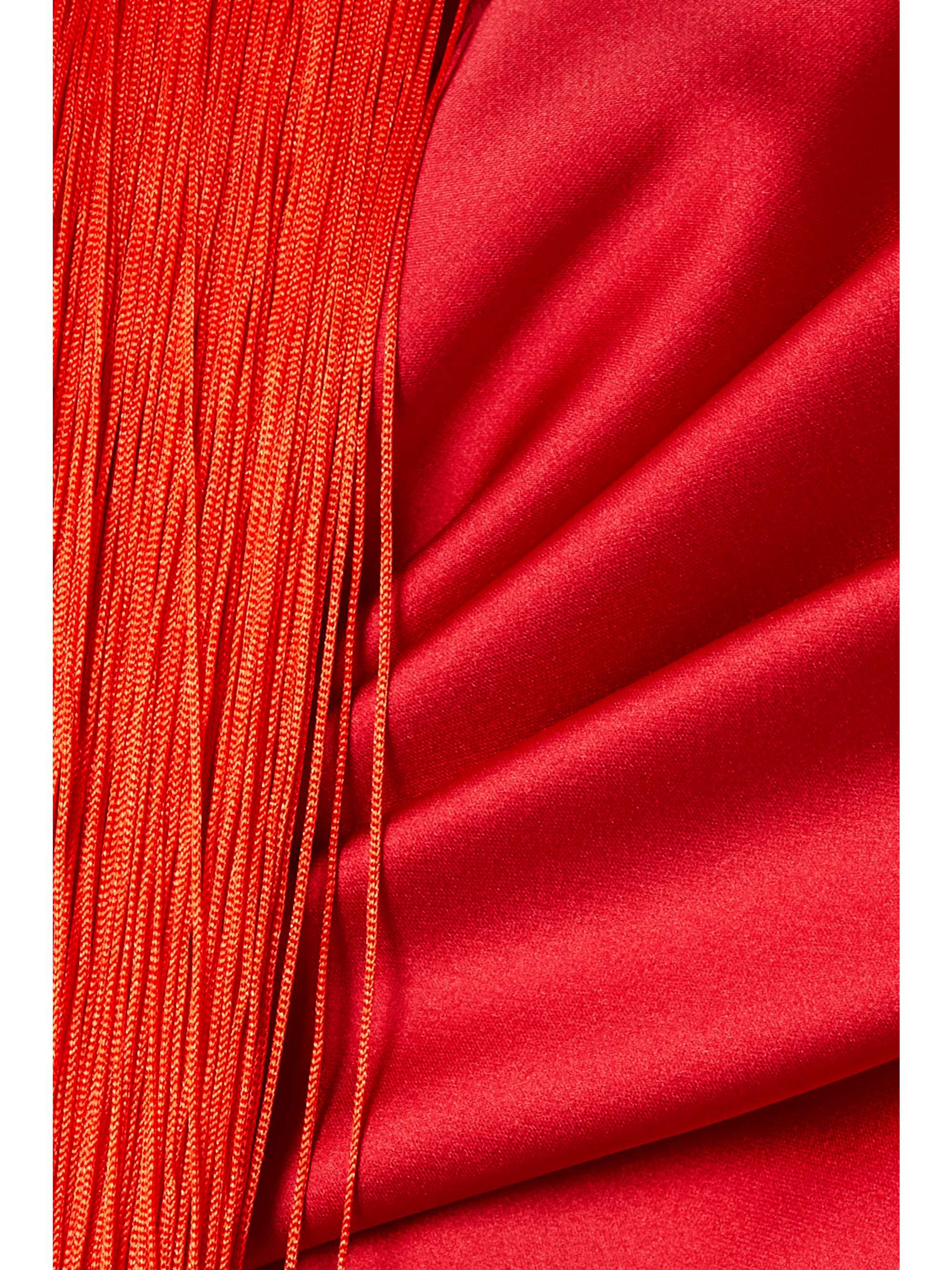 HALPERN Asymmetric draped fringed duchesse-satin halterneck mini dress