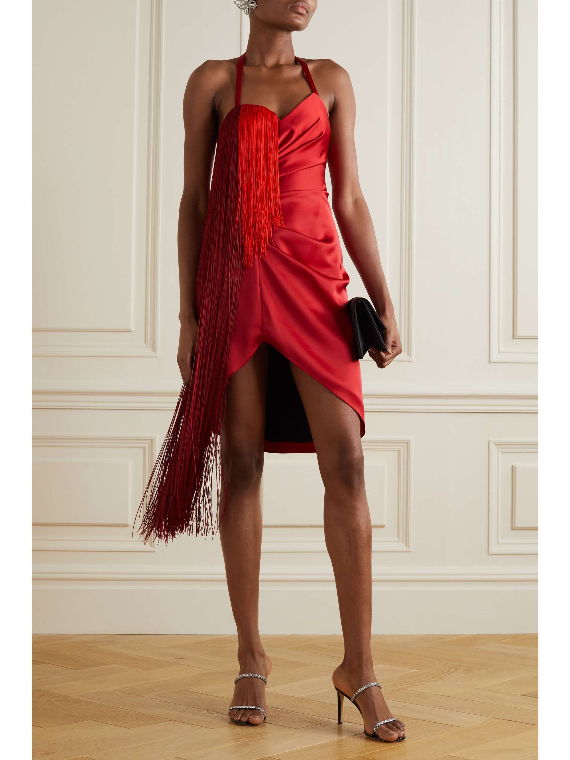 HALPERN Asymmetric draped fringed duchesse-satin halterneck mini dress