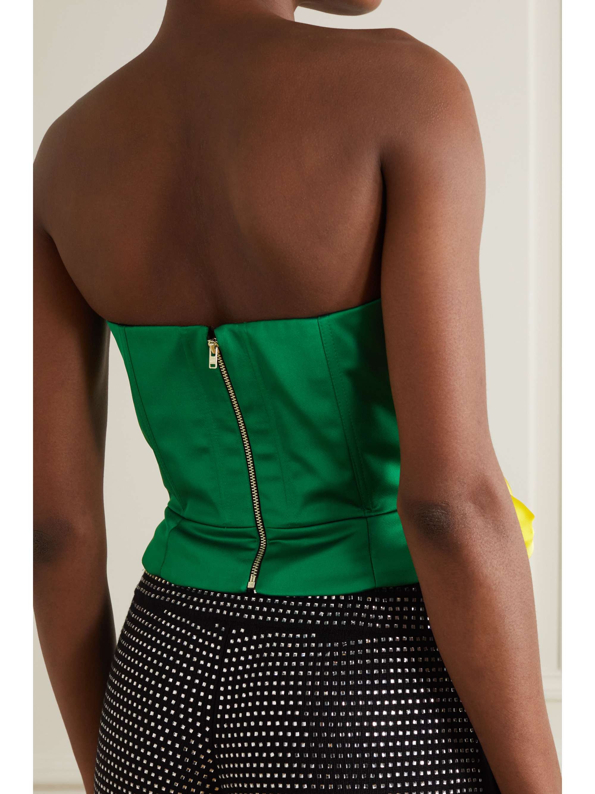 HALPERN Strapless bow-detailed draped ruched two-tone duchesse-satin bustier top