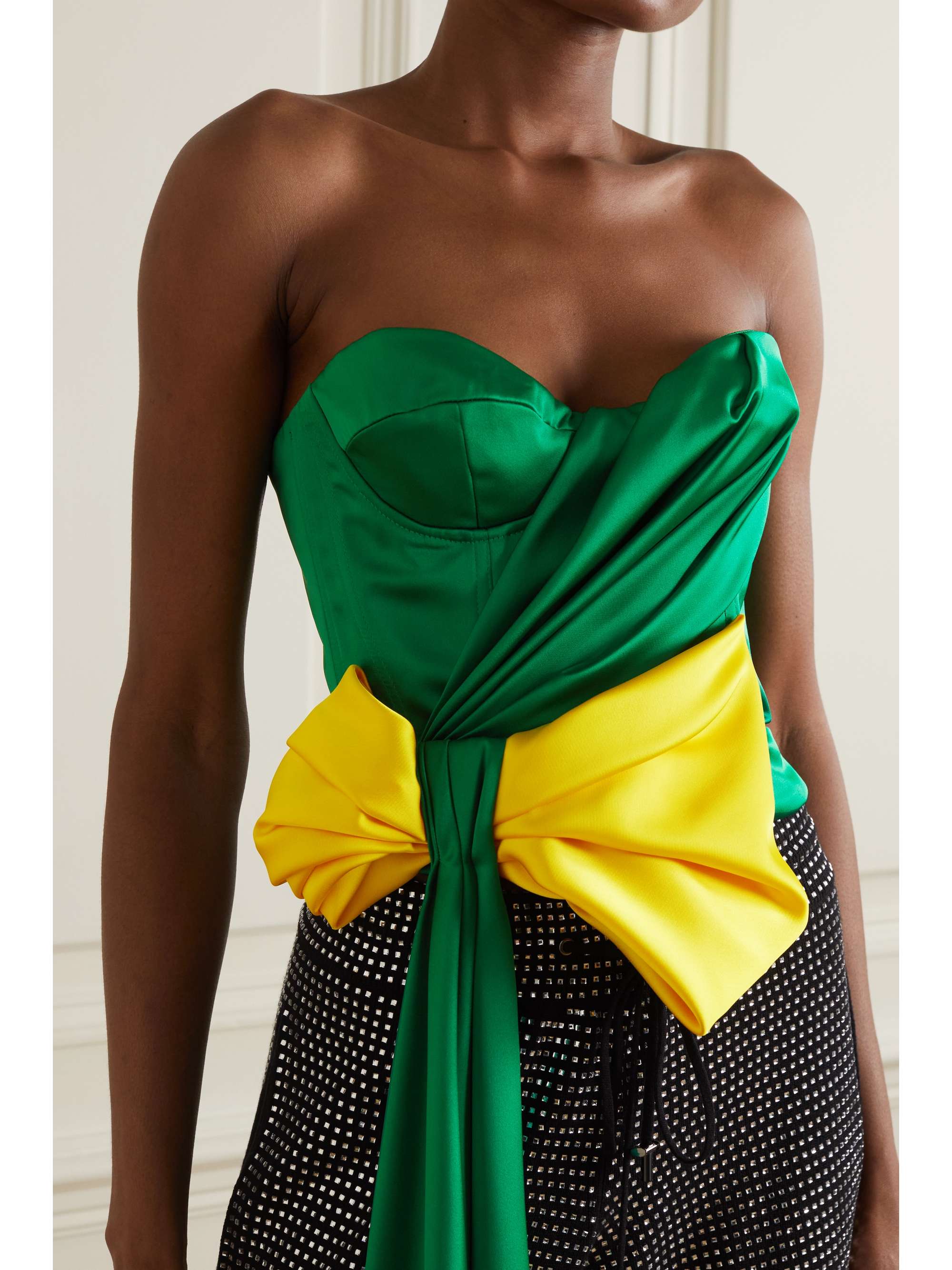 HALPERN Strapless bow-detailed draped ruched two-tone duchesse-satin bustier top