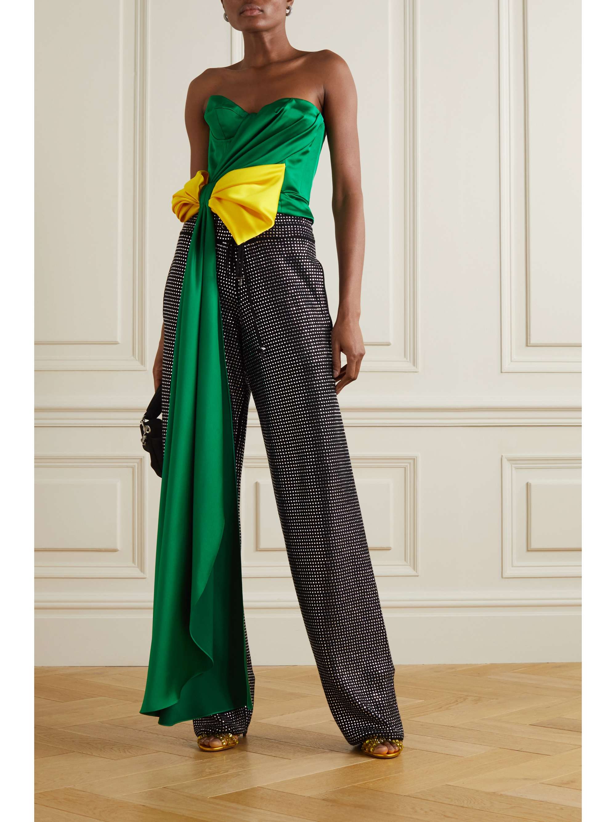 HALPERN Strapless bow-detailed draped ruched two-tone duchesse-satin bustier top