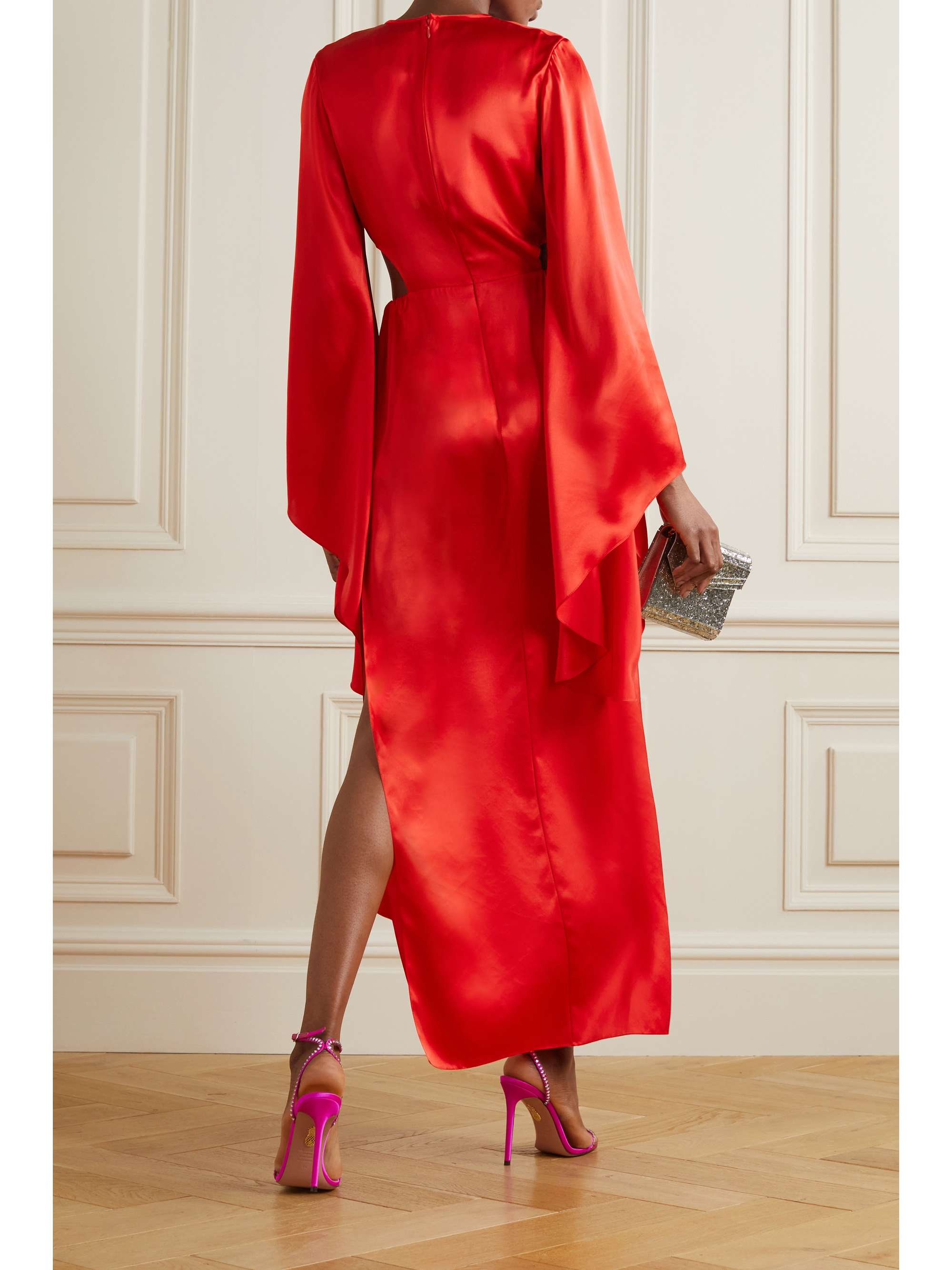 HALPERN Cutout tie-detailed draped gathered silk-satin midi dress