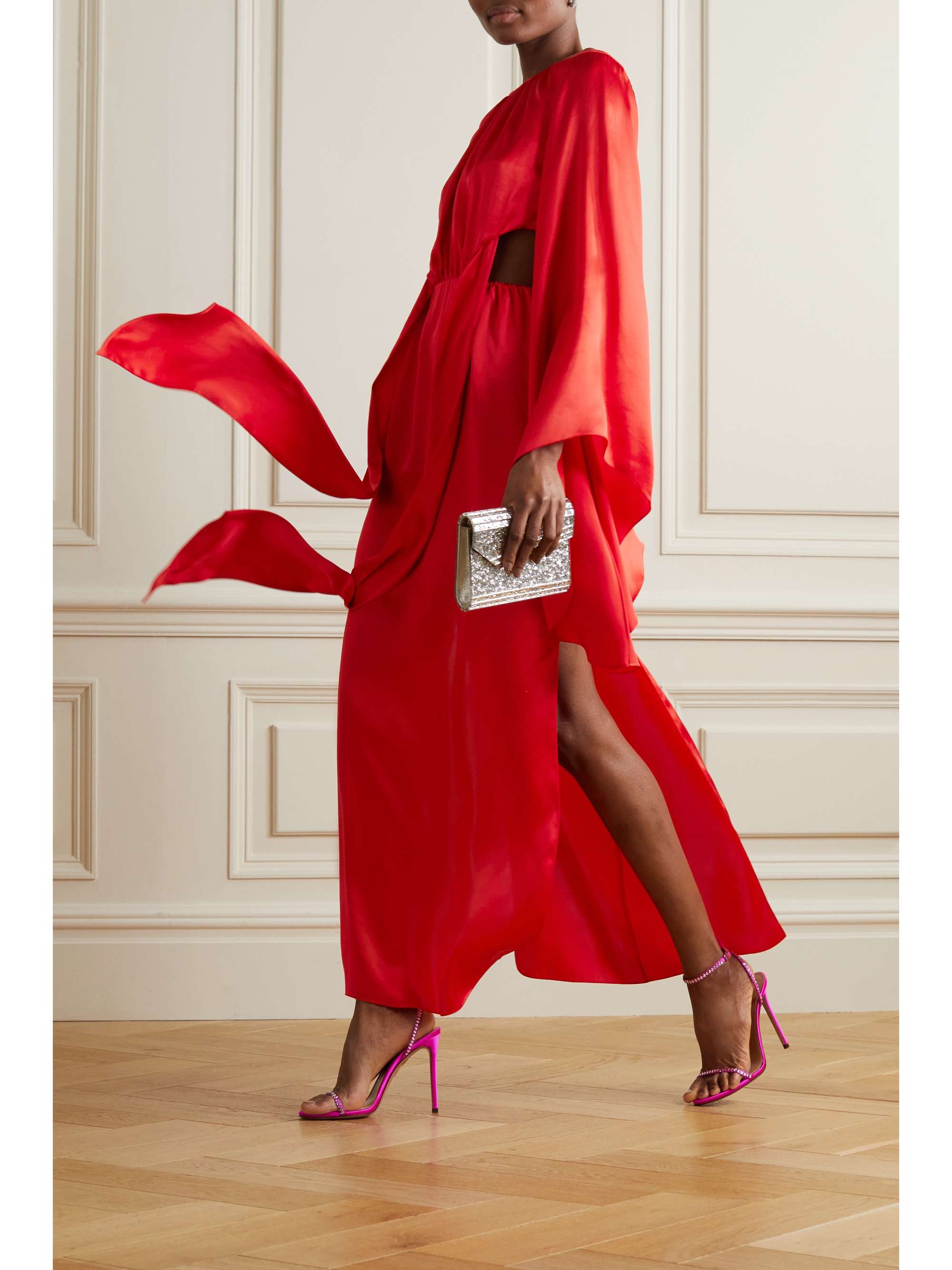 HALPERN Cutout tie-detailed draped gathered silk-satin midi dress