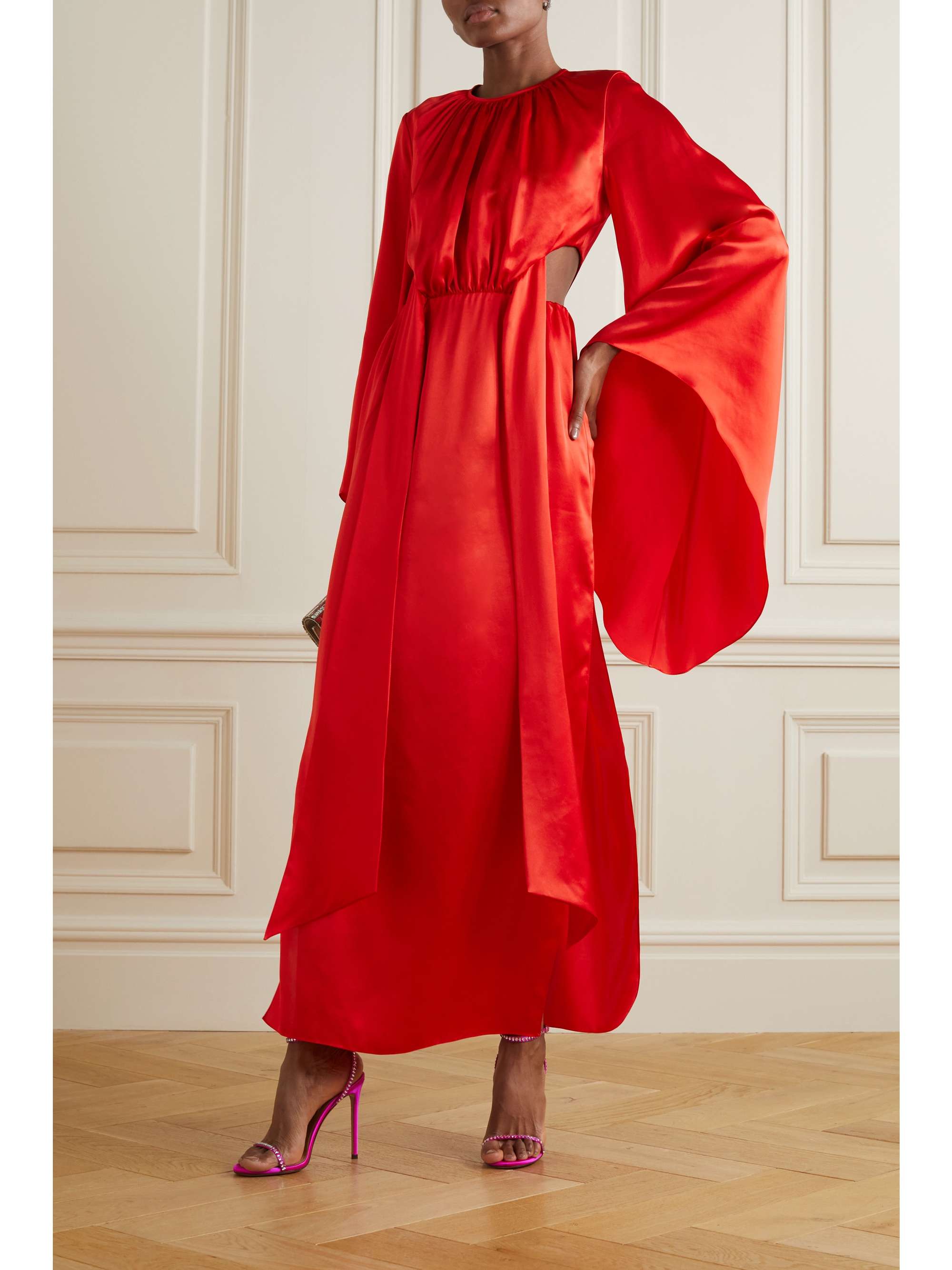 HALPERN Cutout tie-detailed draped gathered silk-satin midi dress