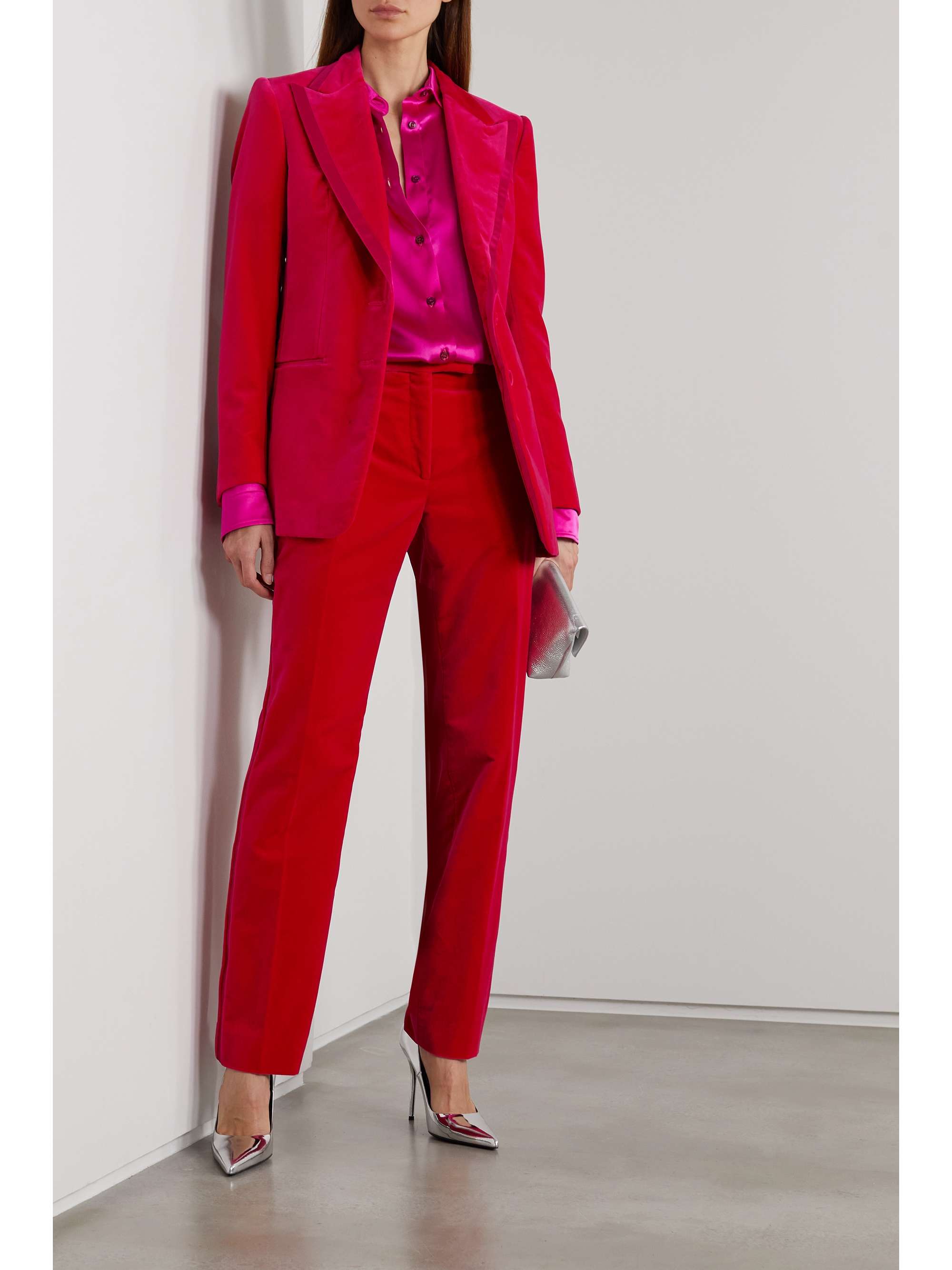 Magenta Cropped silk satin-trimmed 