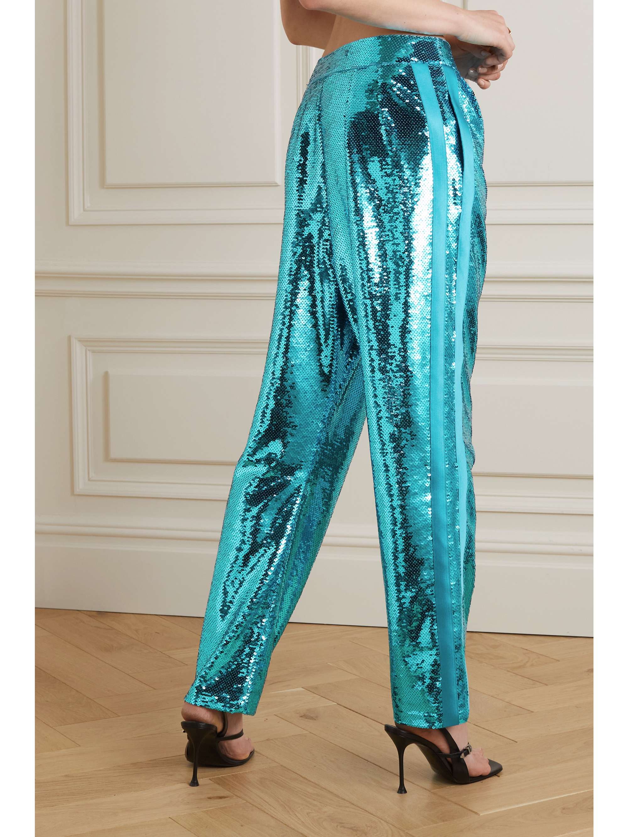 TOM FORD Pleated silk satin-trimmed sequined tulle pants
