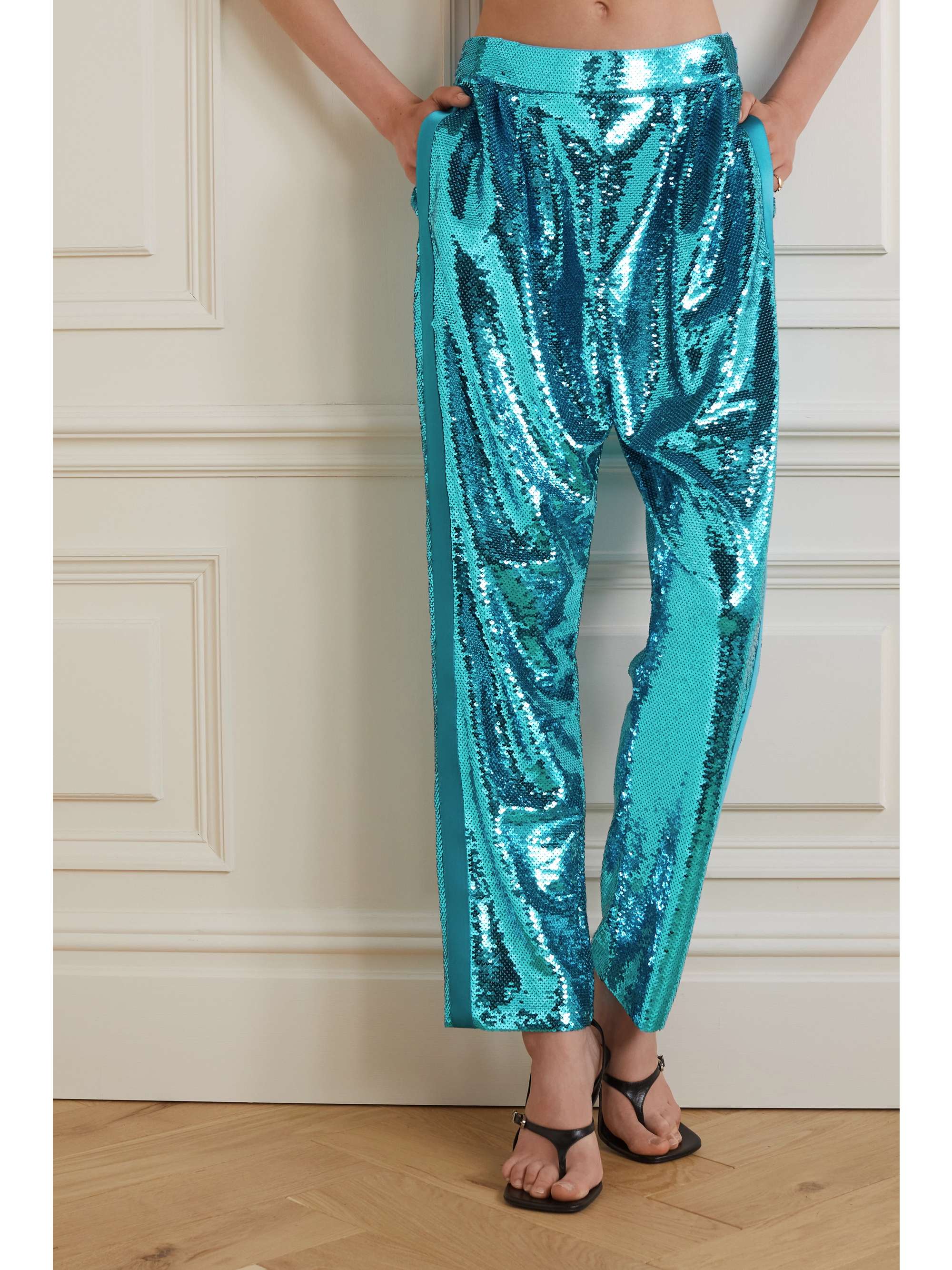 TOM FORD Pleated silk satin-trimmed sequined tulle pants
