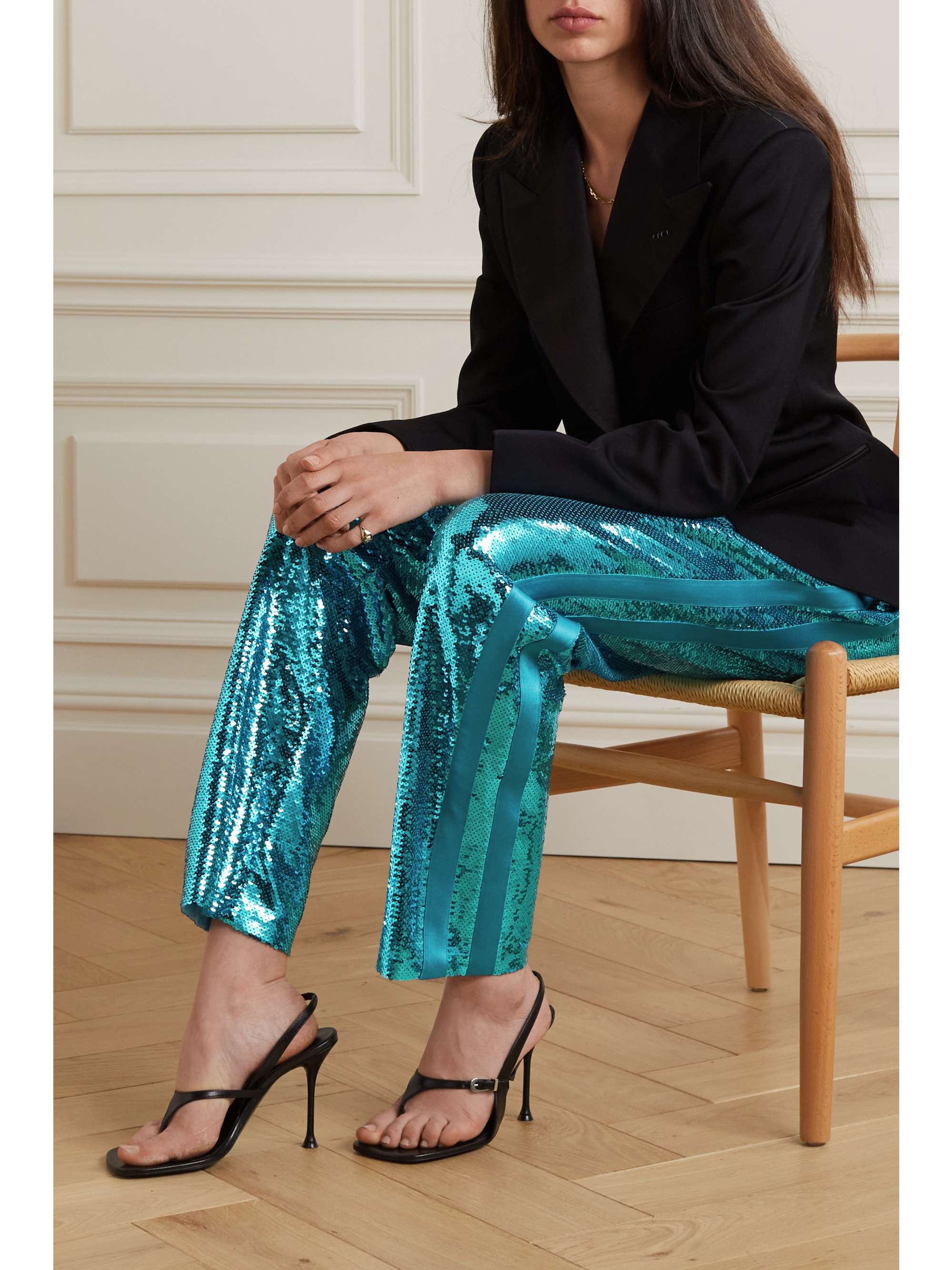 TOM FORD Pleated silk satin-trimmed sequined tulle pants