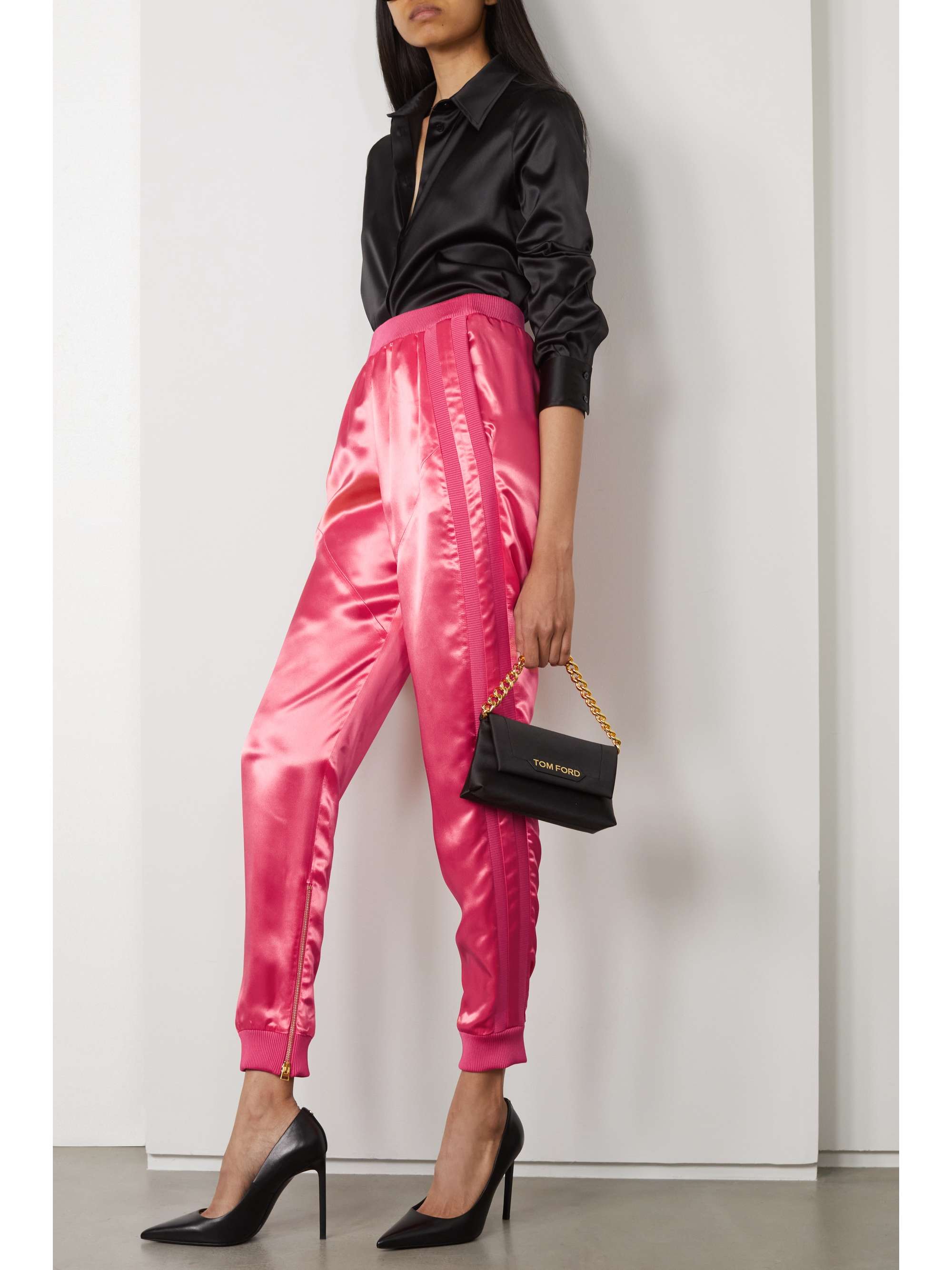 Bright pink Ribbed silk-satin tapered pants | TOM FORD | NET-A-PORTER