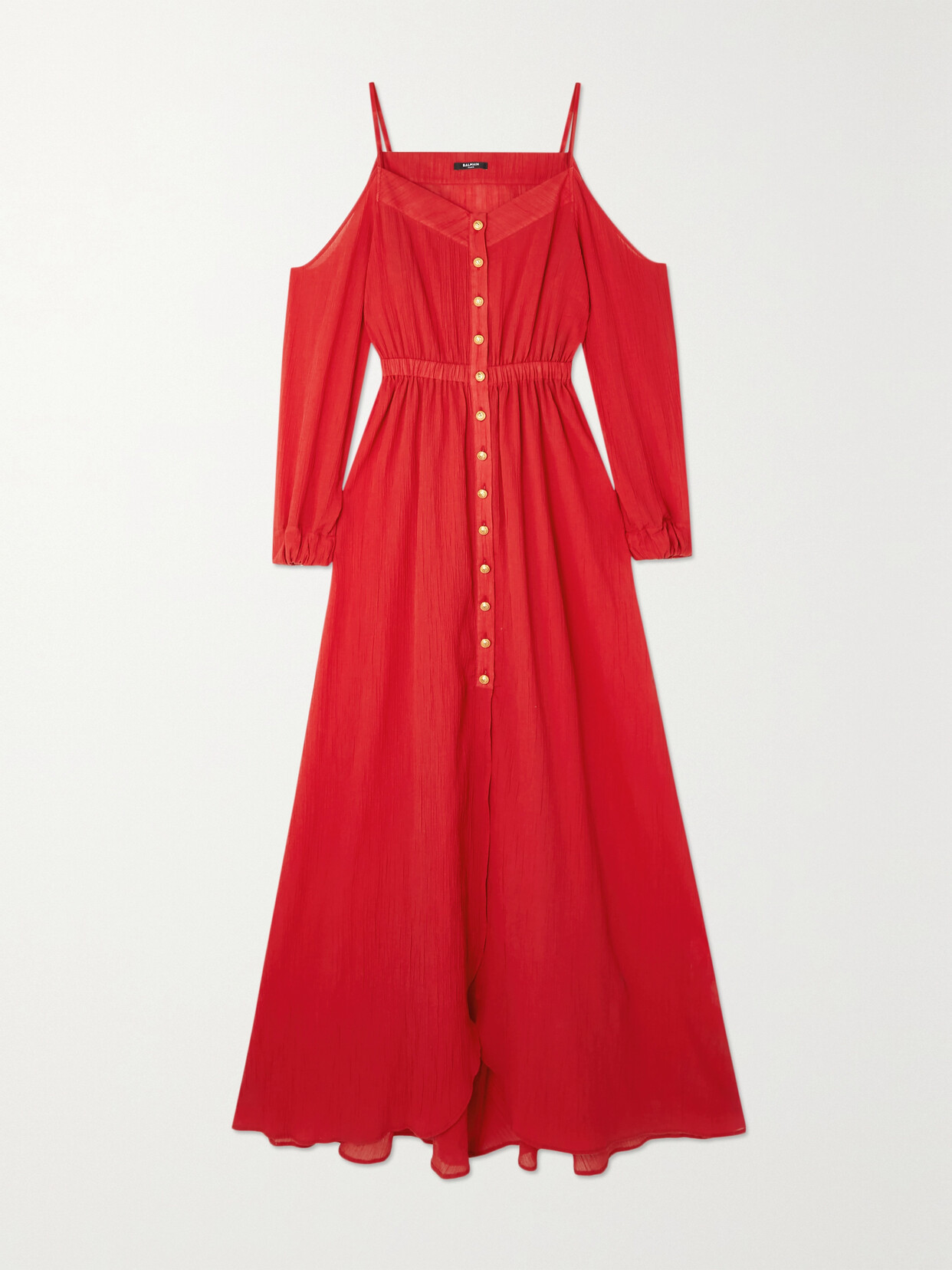 Balmain Cold-shoulder Cotton-seersucker Maxi Dress - Red