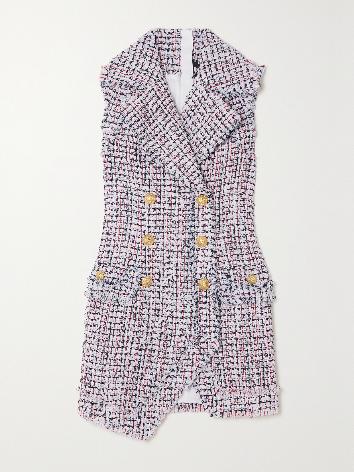 Balmain Asymmetric Double-breasted Frayed Cotton-blend Tweed Mini Dress - Red