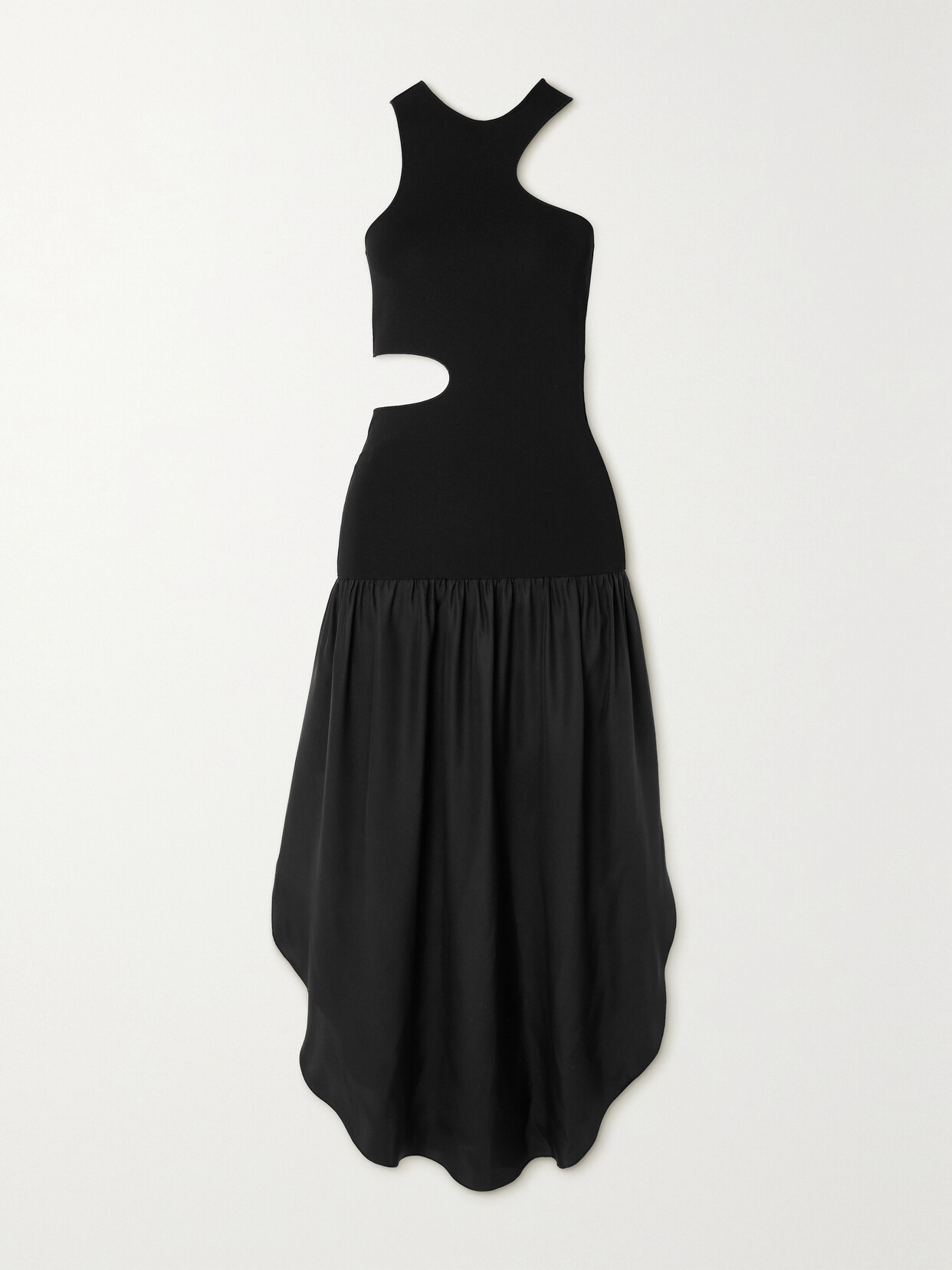 Stella Mccartney Asymmetric Cutout Stretch-jersey And Silk-satin Midi Dress In Black