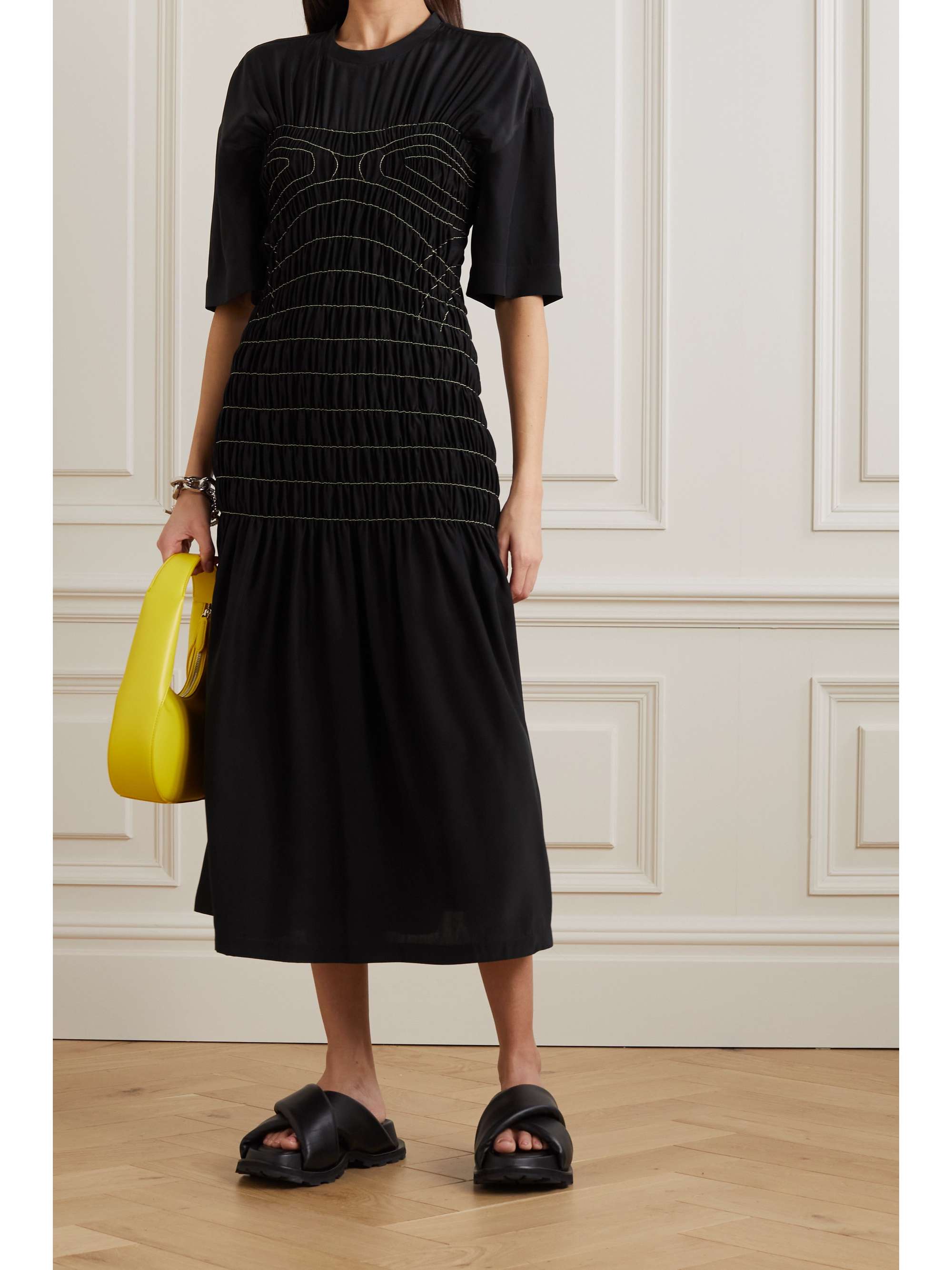 STELLA MCCARTNEY Smocked striped silk-satin midi dress | NET-A-PORTER