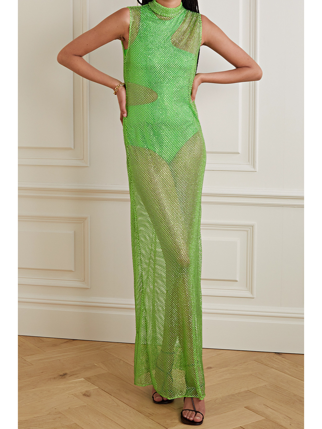 Shop Stella Mccartney Crystal-embellished Mesh Maxi Dress In Green