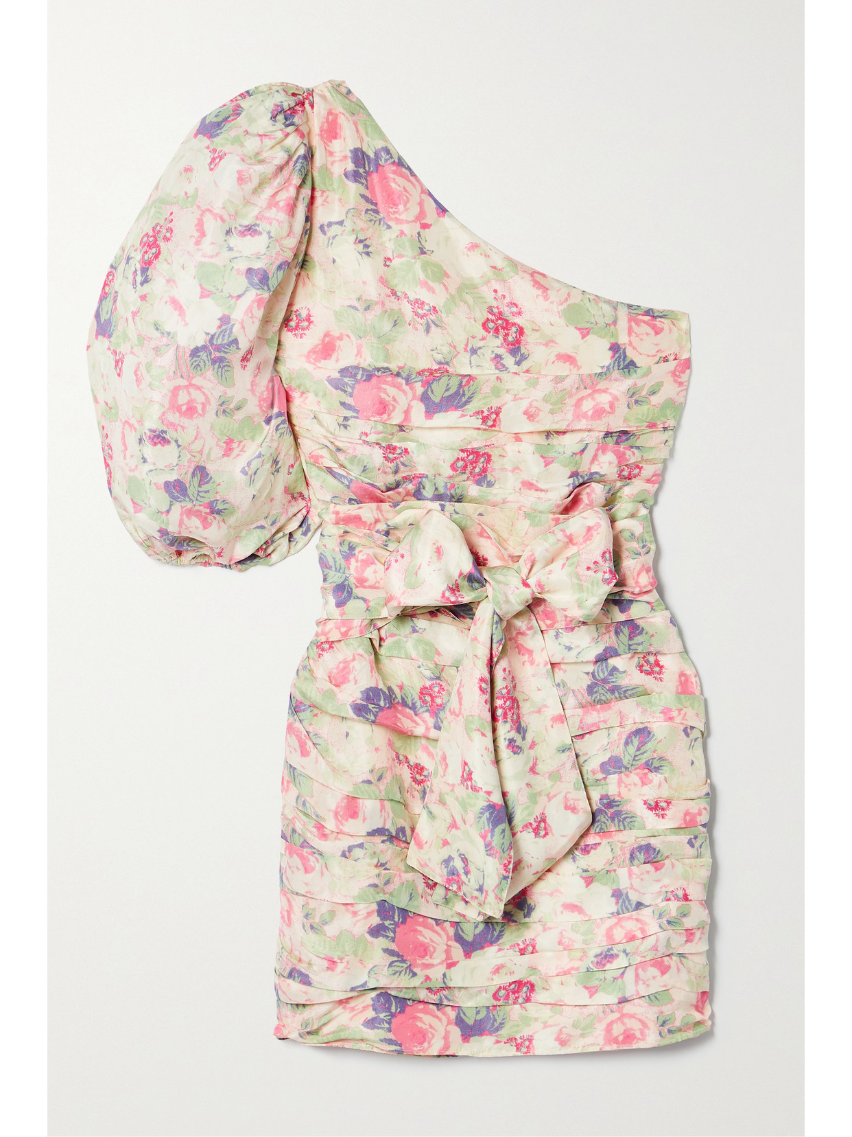 Loveshackfancy Altie One-shoulder Ruched Floral-print Satin Mini Dress In Pink