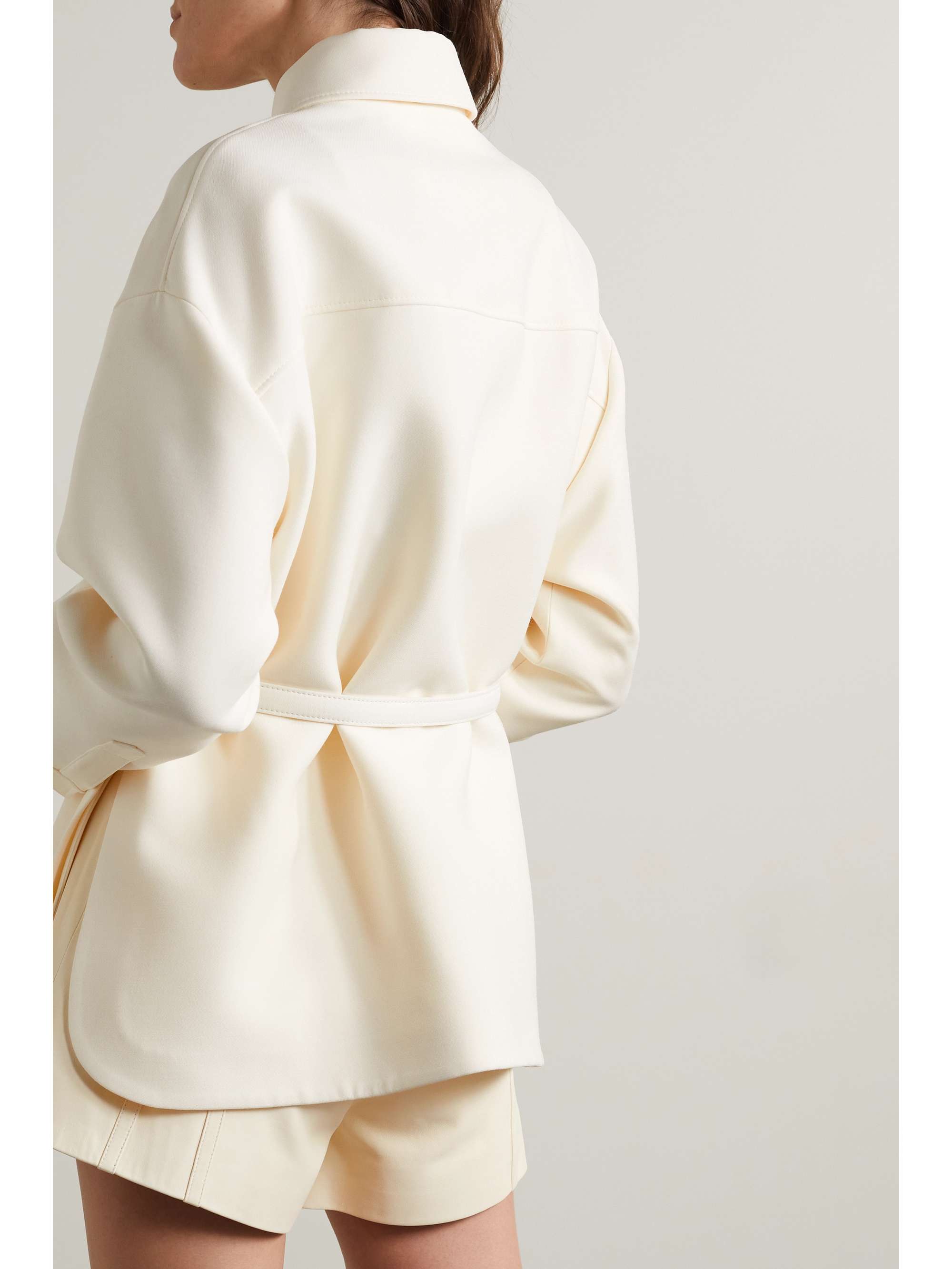 Belted leather-trimmed wool and silk-blend jacket