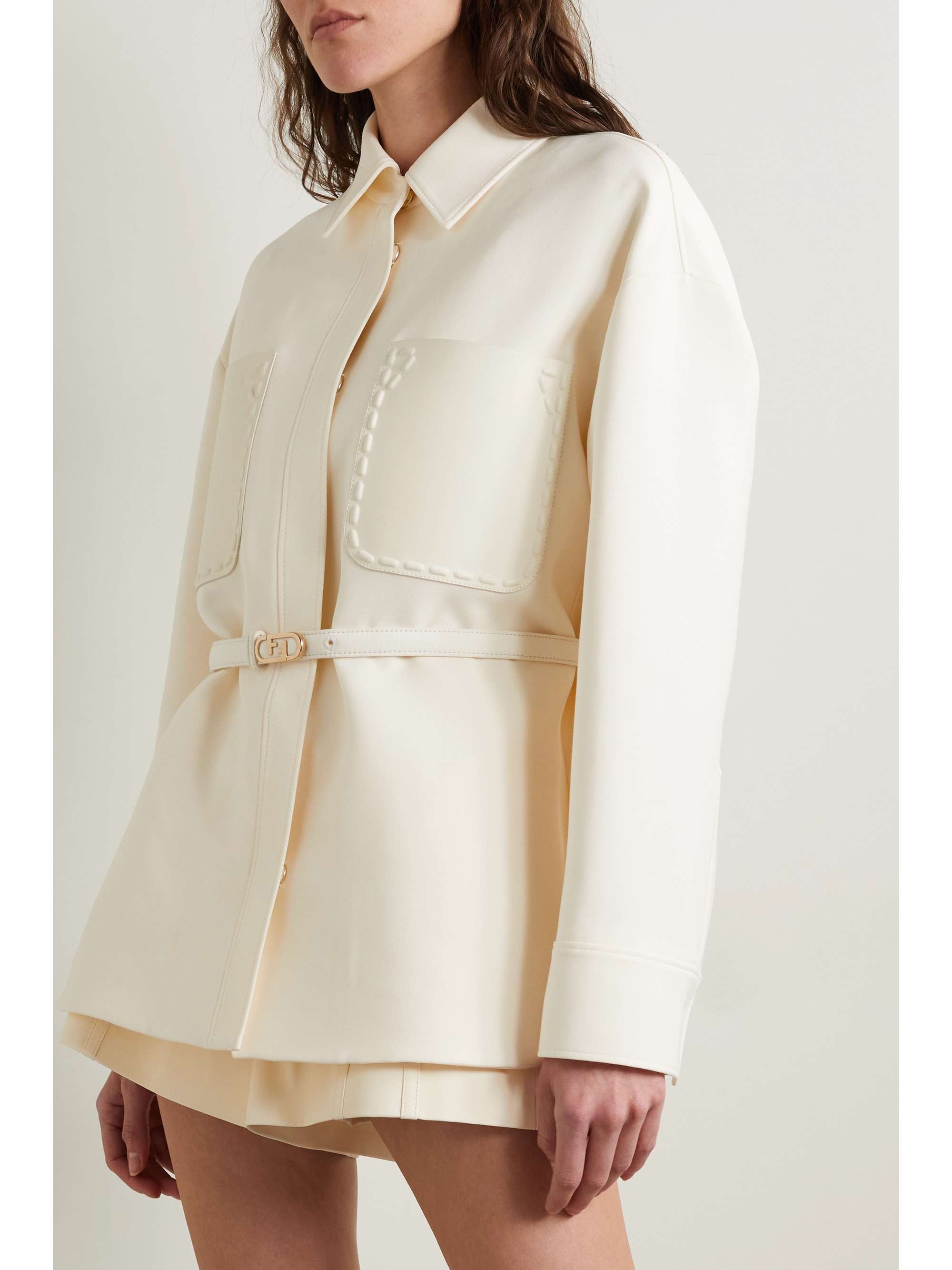 Belted leather-trimmed wool and silk-blend jacket