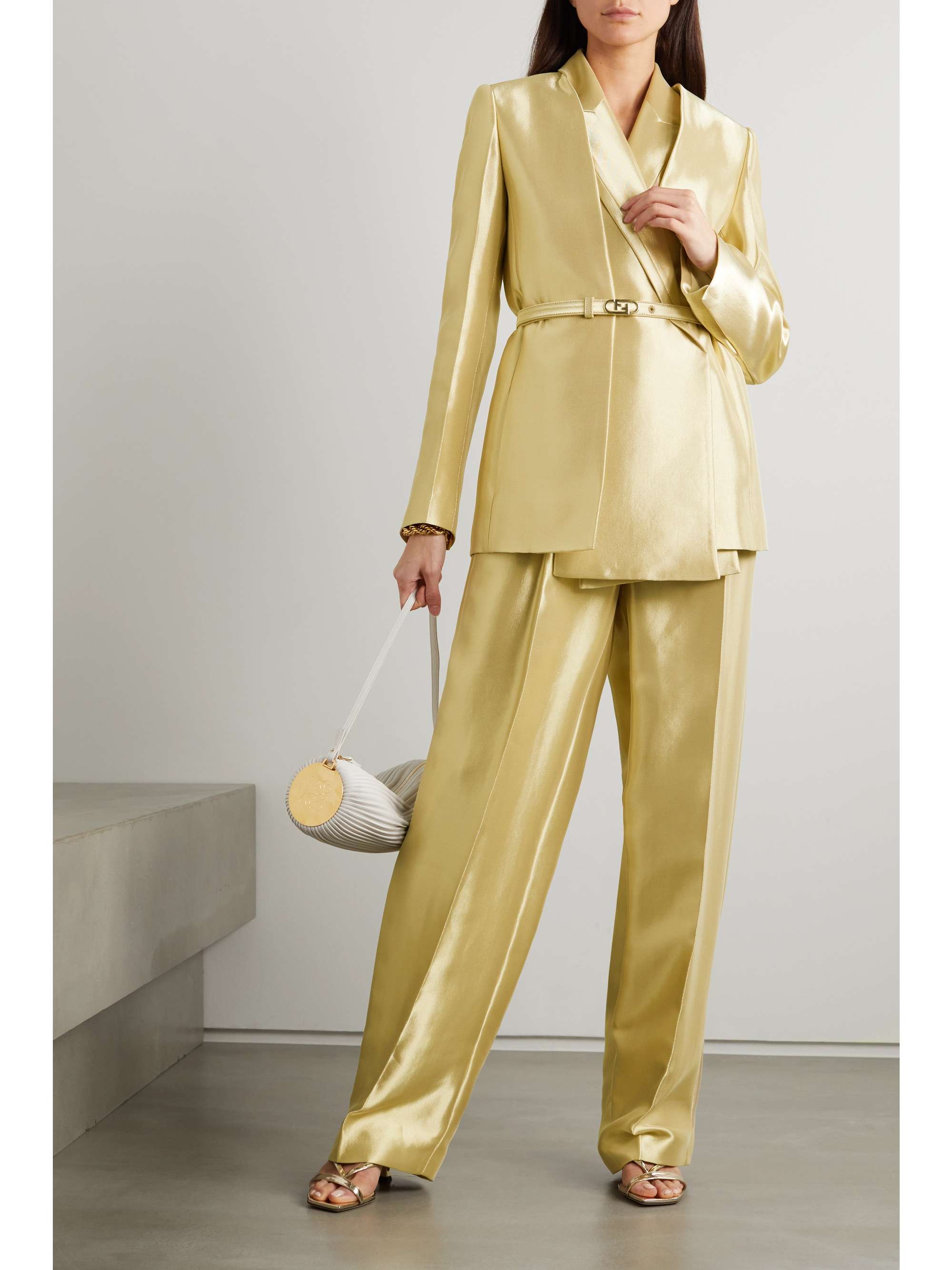 FENDI Belted metallic silk-blend cady blazer