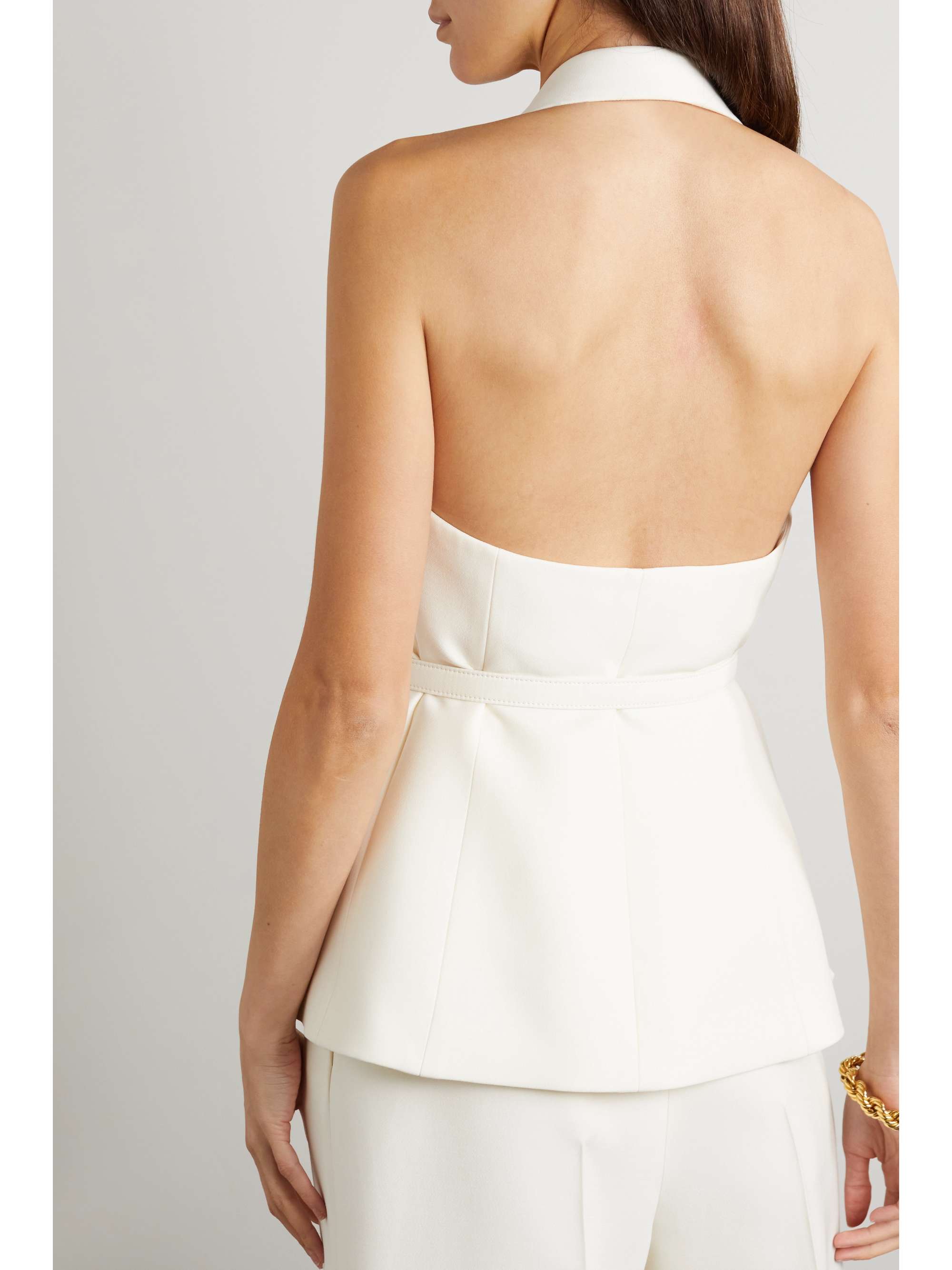 FENDI Belted satin-trimmed wool and silk-blend crepe halterneck vest