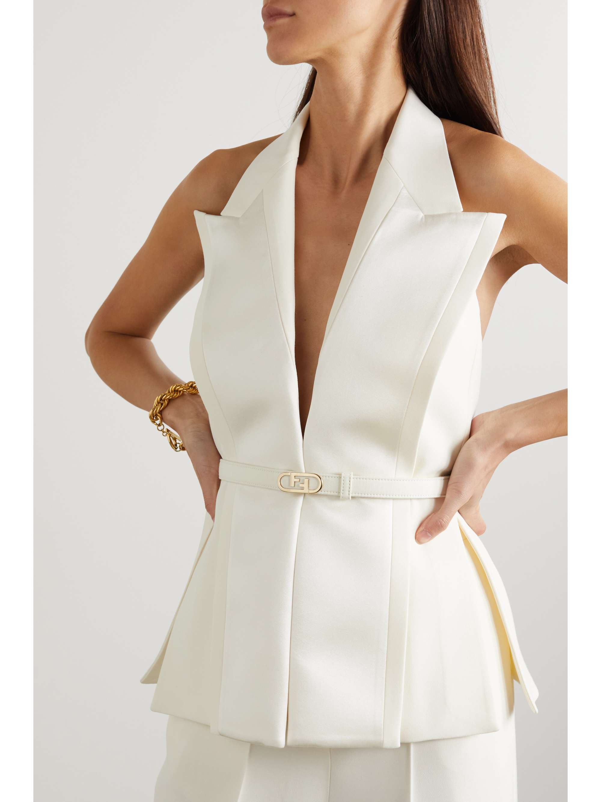 FENDI Belted satin-trimmed wool and silk-blend crepe halterneck vest
