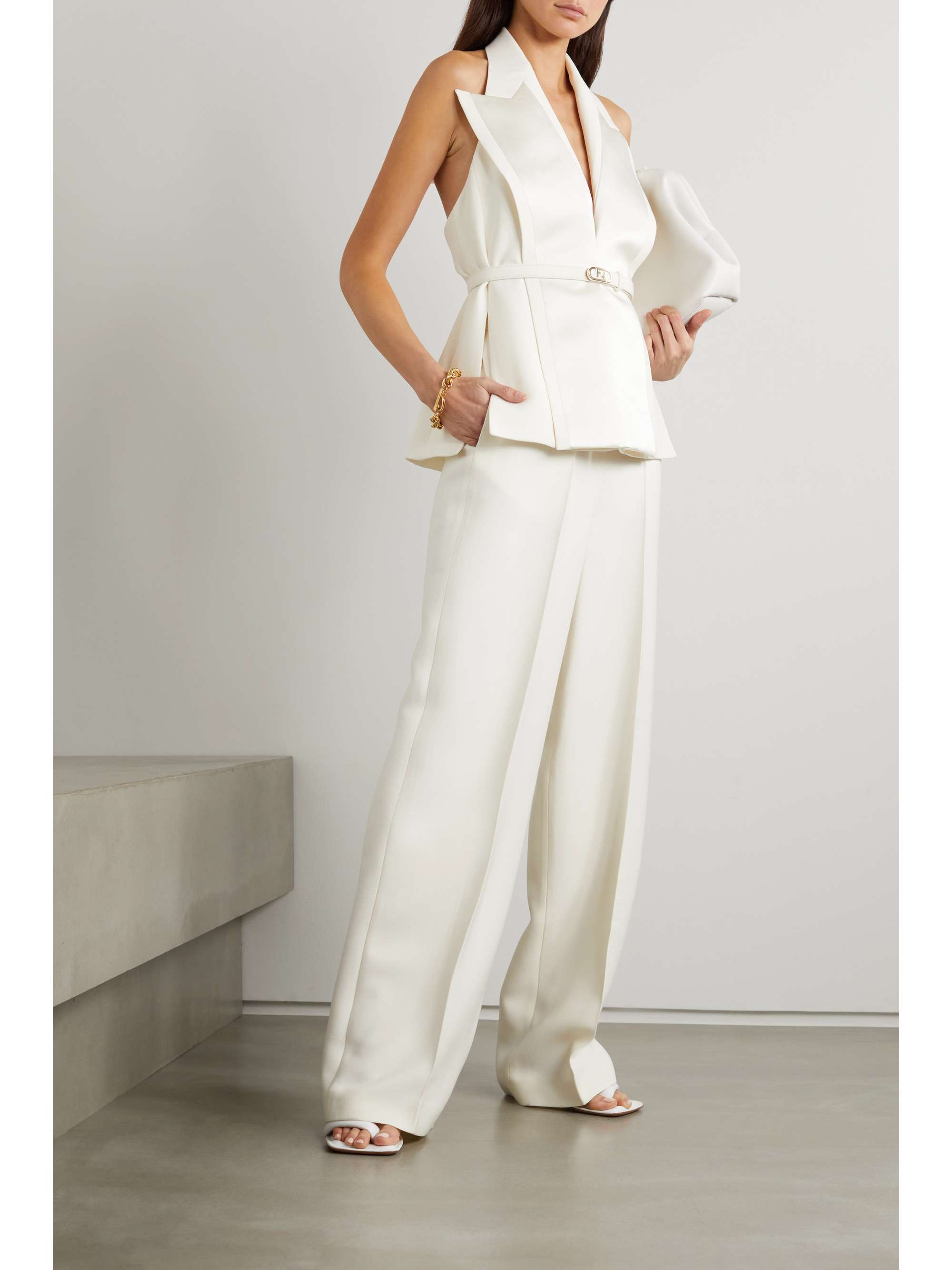 FENDI Belted satin-trimmed wool and silk-blend crepe halterneck vest