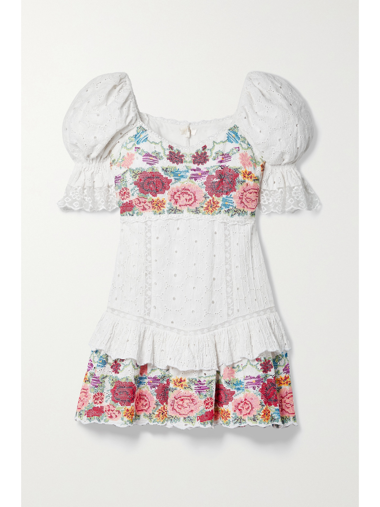 LOVESHACKFANCY THRESSEY RUFFLED EMBROIDERED BRODERIE ANGLAISE COTTON-VOILE MINI DRESS