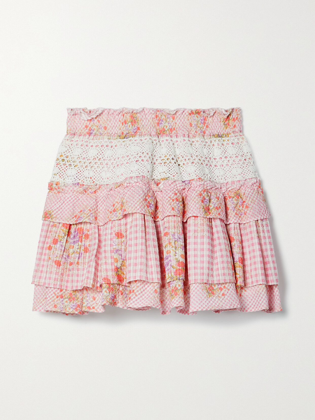 LoveShackFancy Corbett Crochet-trimmed Floral-print Gingham Cotton-seersucker Mini Skirt - Pink