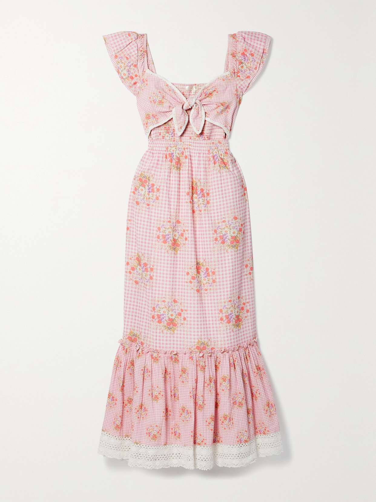 LOVESHACKFANCY EMEKA TIE-FRONT CROCHET-TRIMMED FLORAL-PRINT GINGHAM COTTON-SEERSUCKER MAXI DRESS